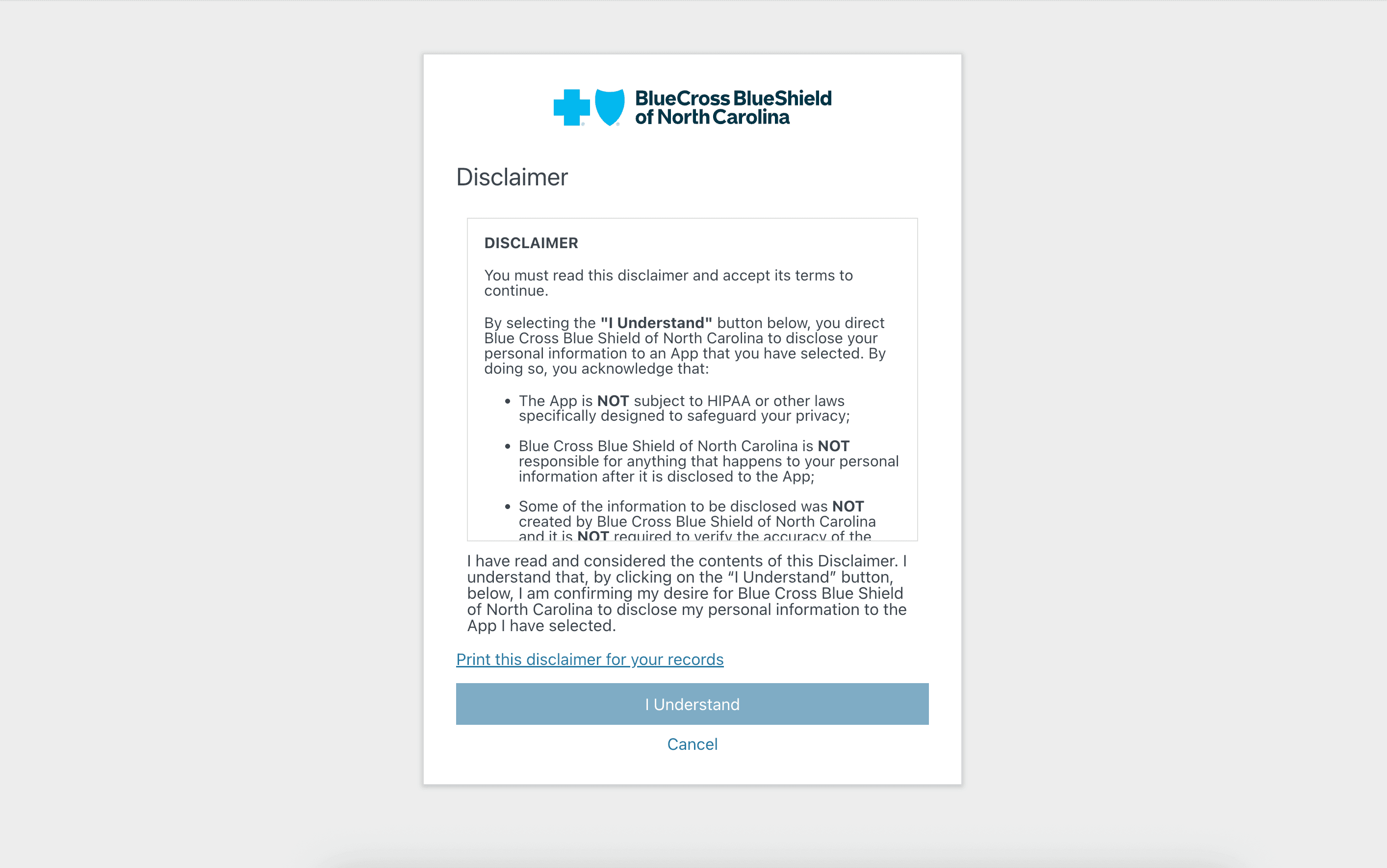 BCBS North Carolina Disclaimer Screen