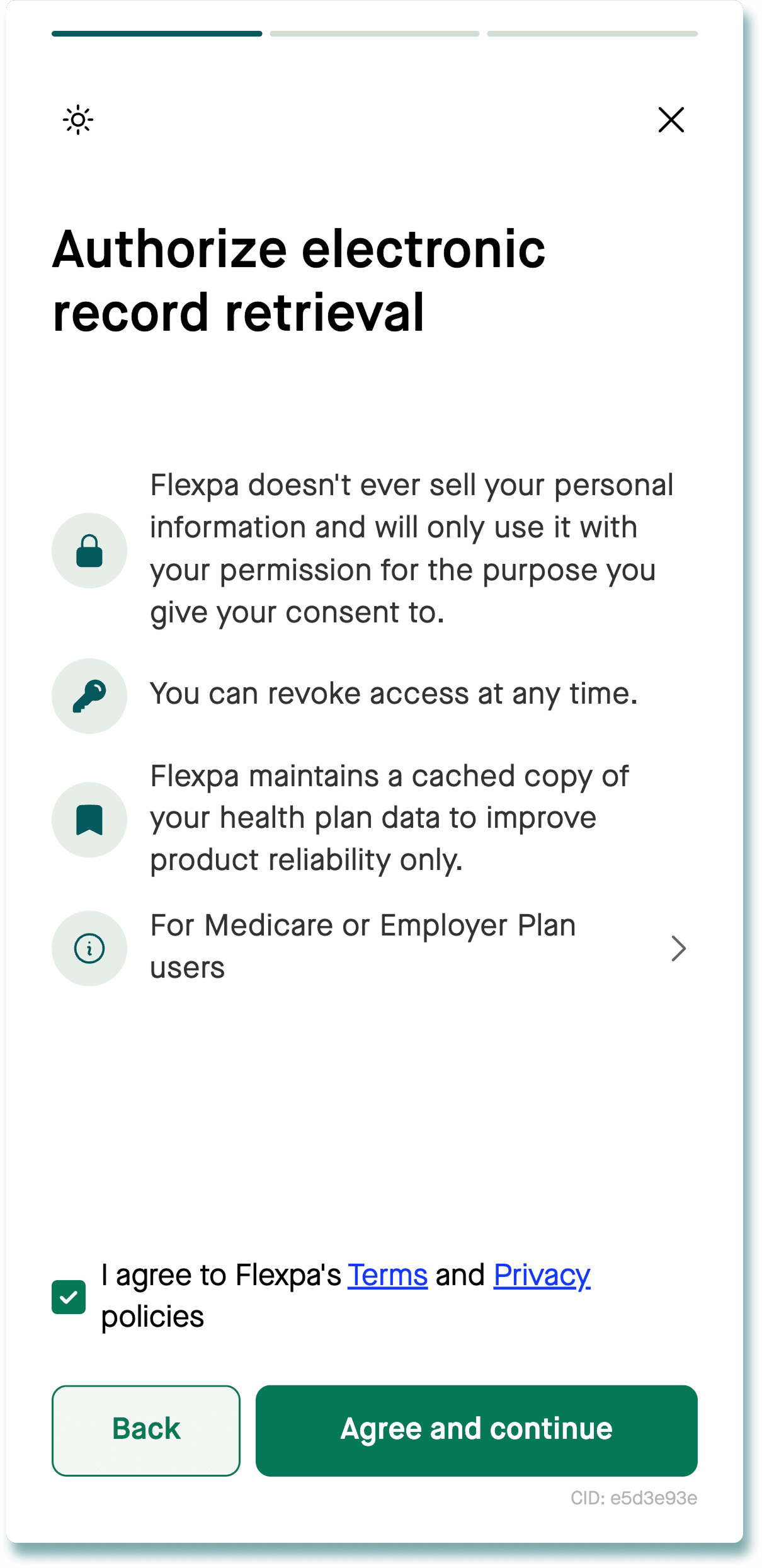 Flexpa consent screen with agreement checked