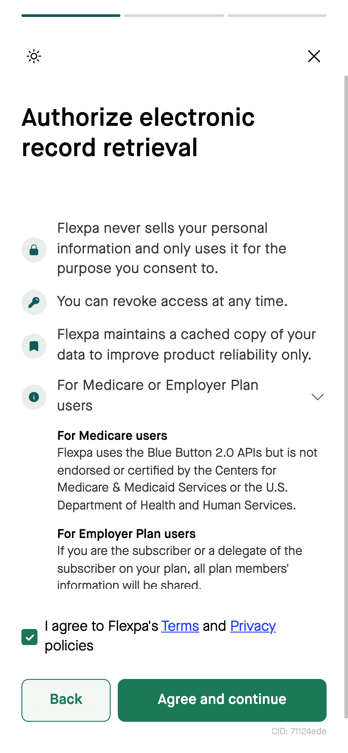 Flexpa consent screen with agreement checked