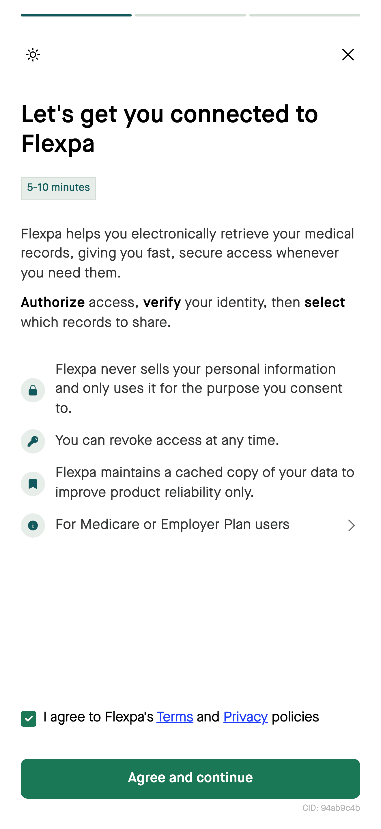 Flexpa welcome and consent screen with agreement checked