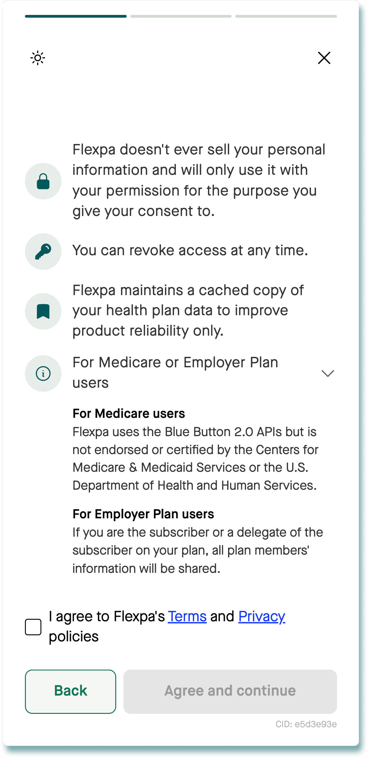 Consent screen with Medicare and Employer Plan notice expanded