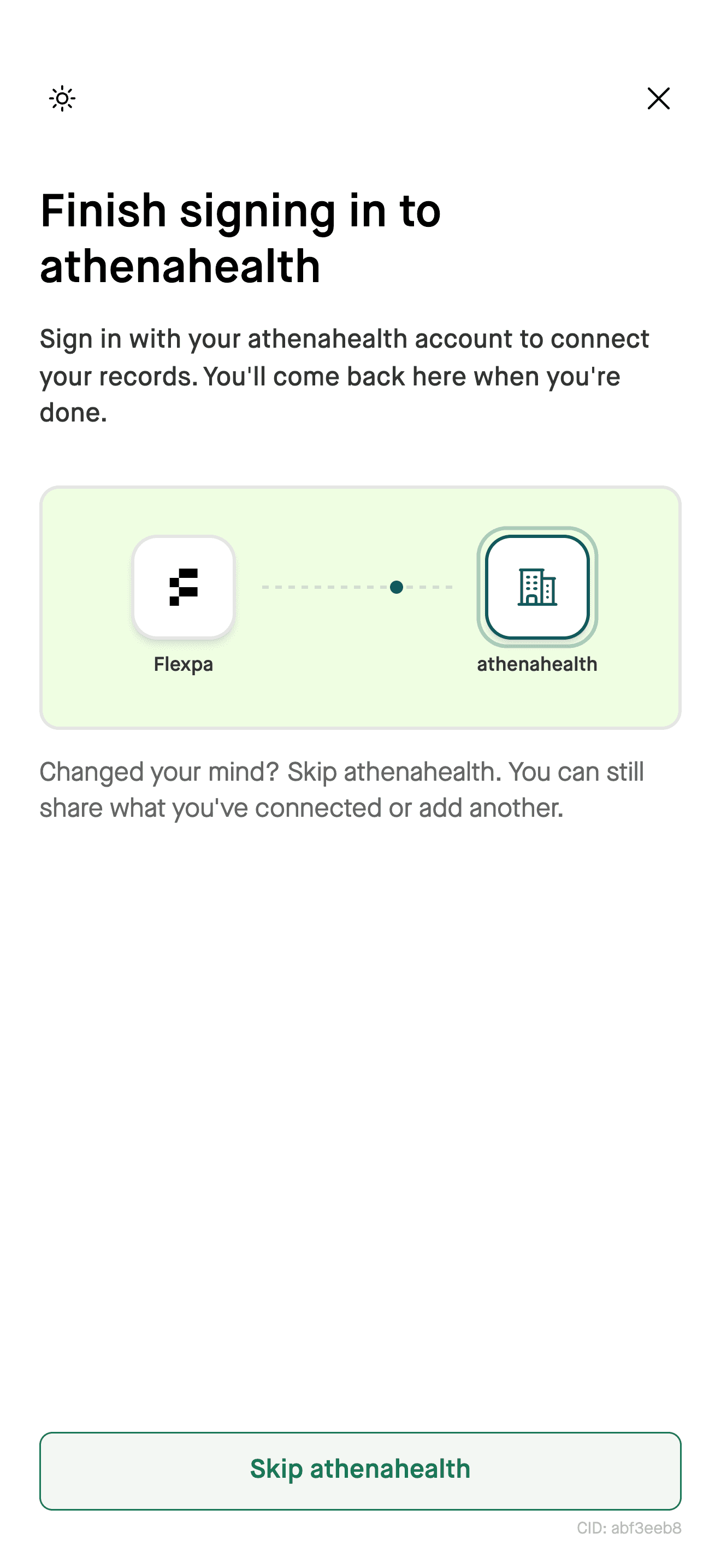 Finish signing in screen showing the handoff between the application and the health provider