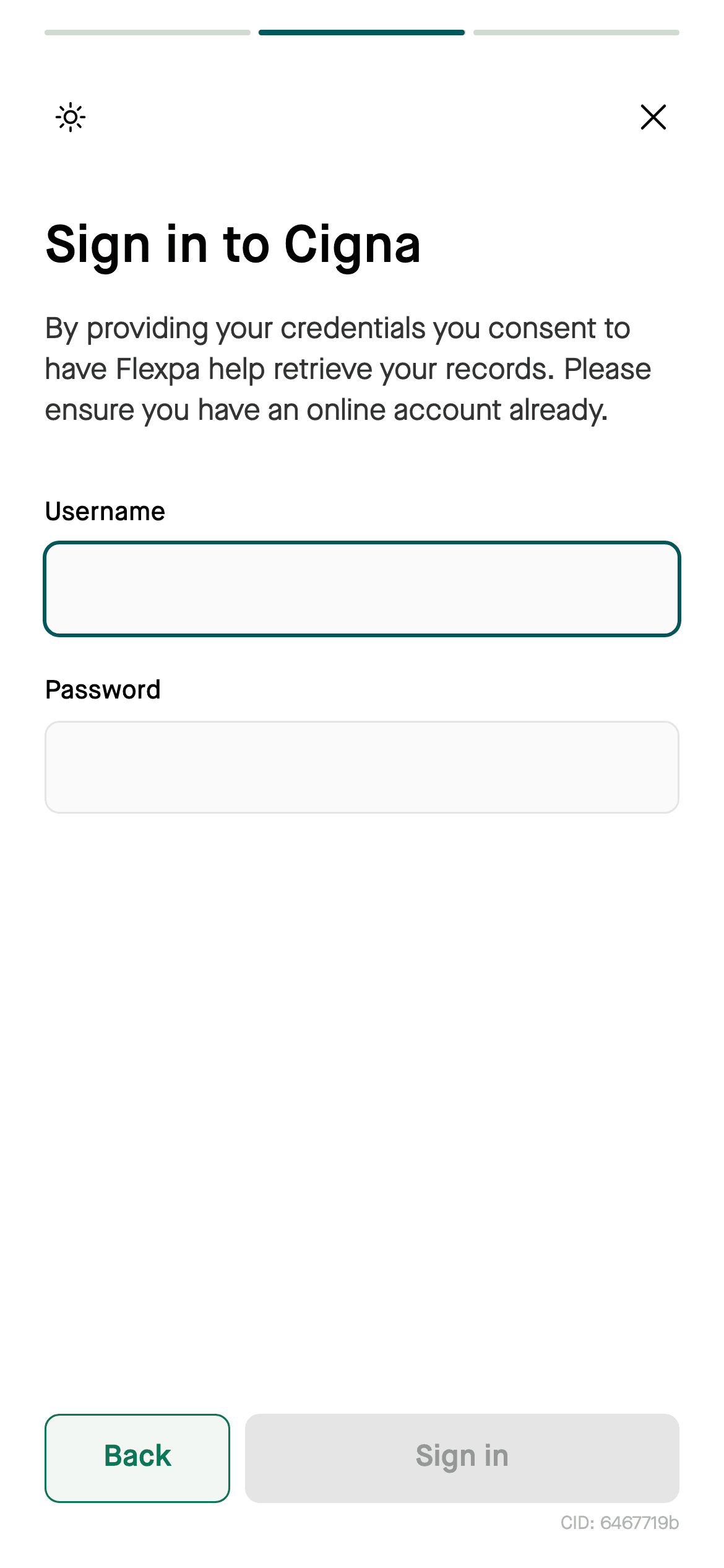 Patient portal sign-in screen inside the Flexpa flow
