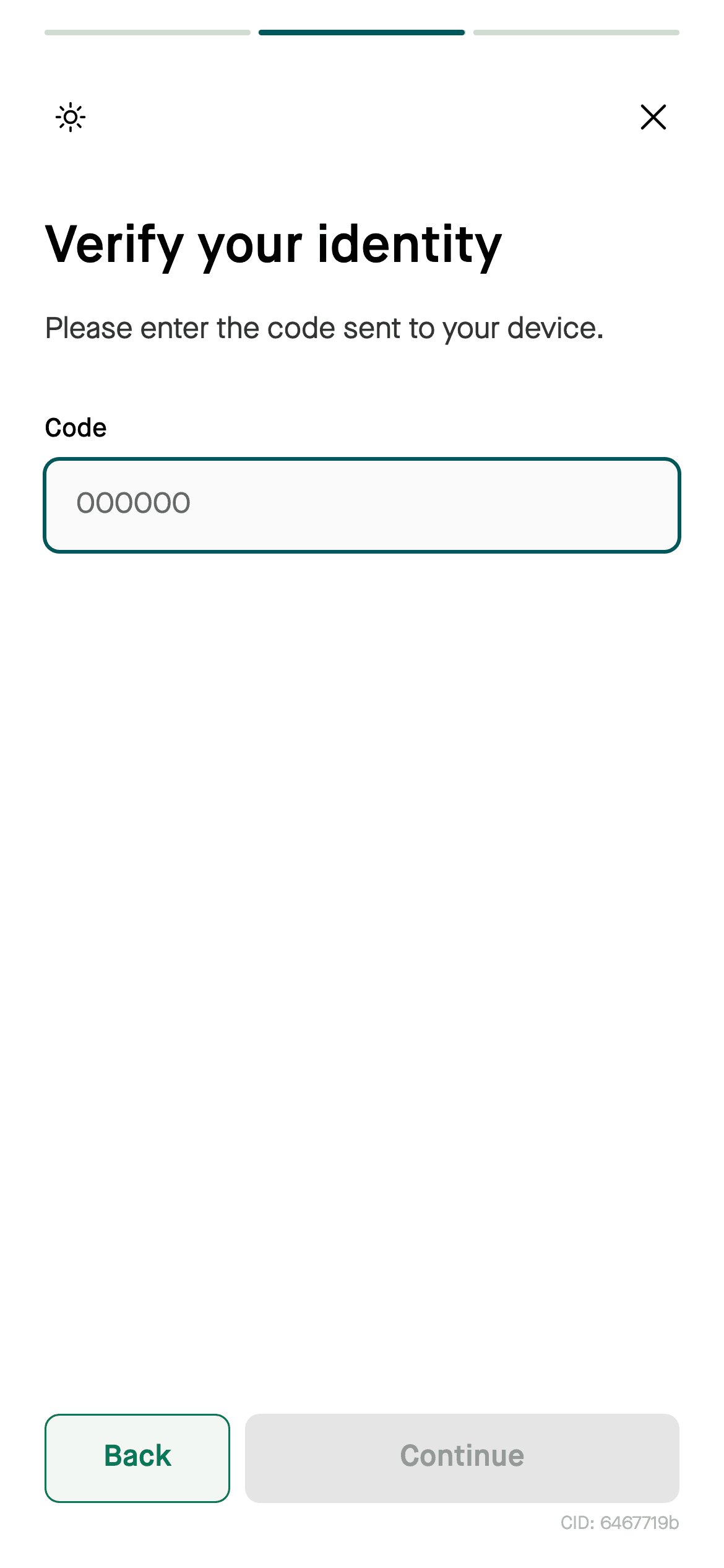 Verification code entry screen