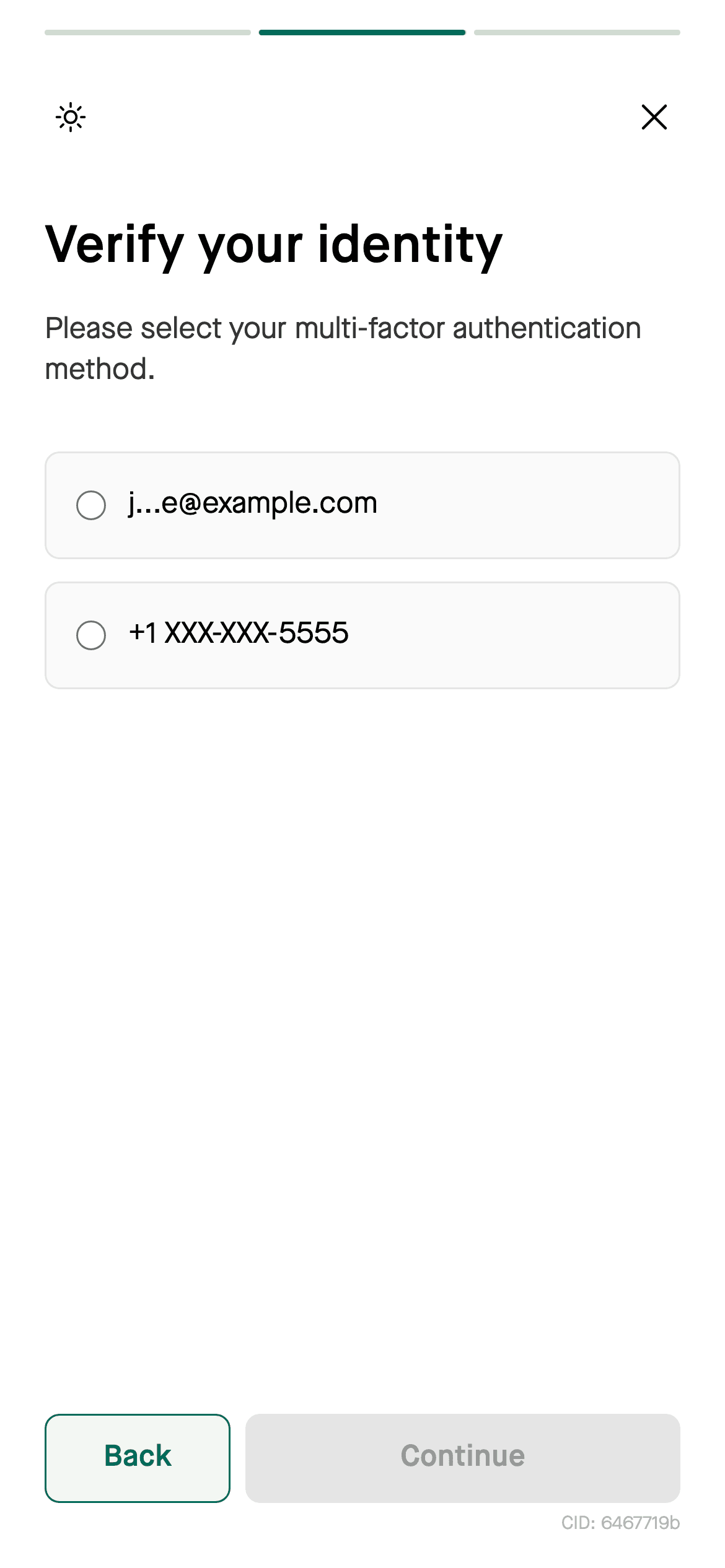 Verification method selection screen
