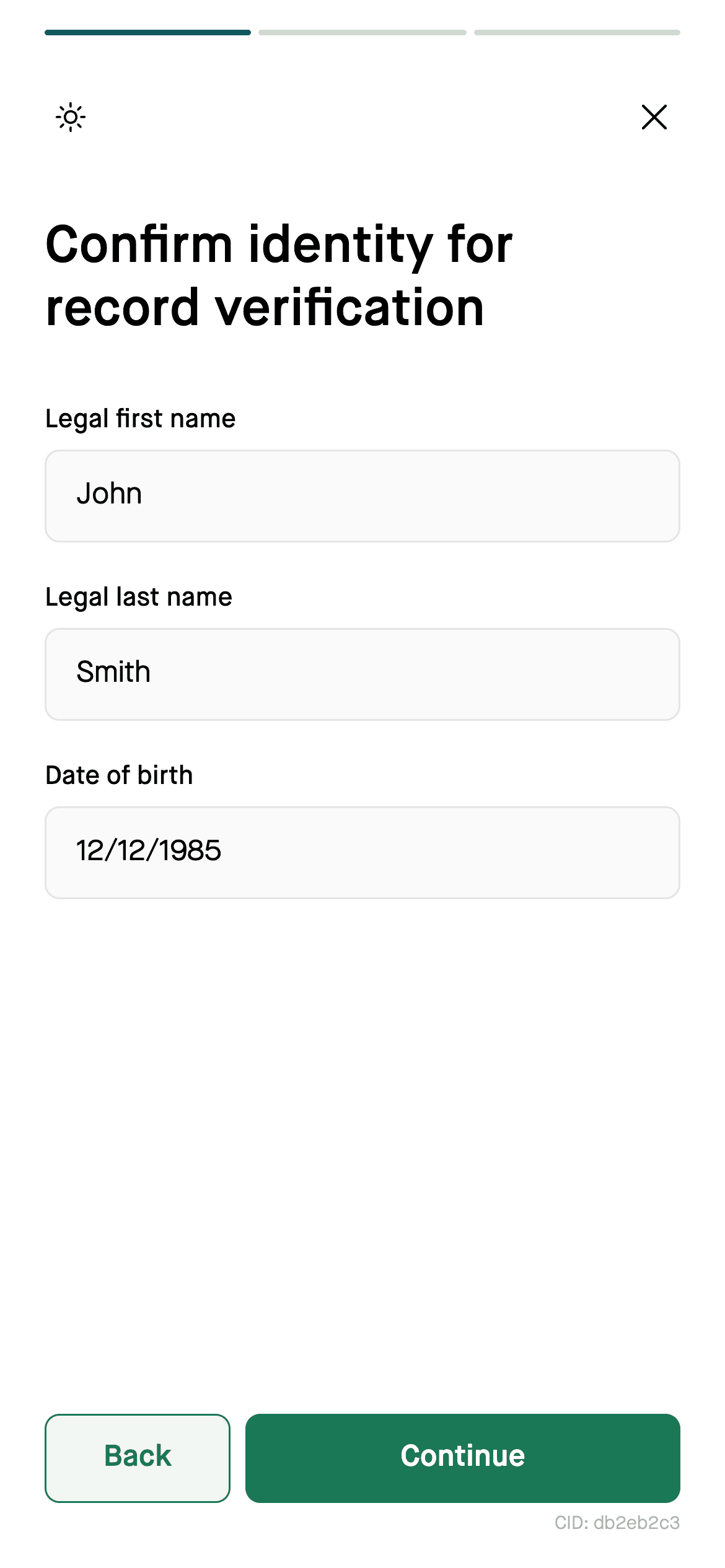 Search flow identity screen with name and date of birth filled in