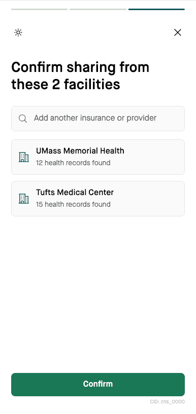 Confirm sharing from facilities screen showing record counts