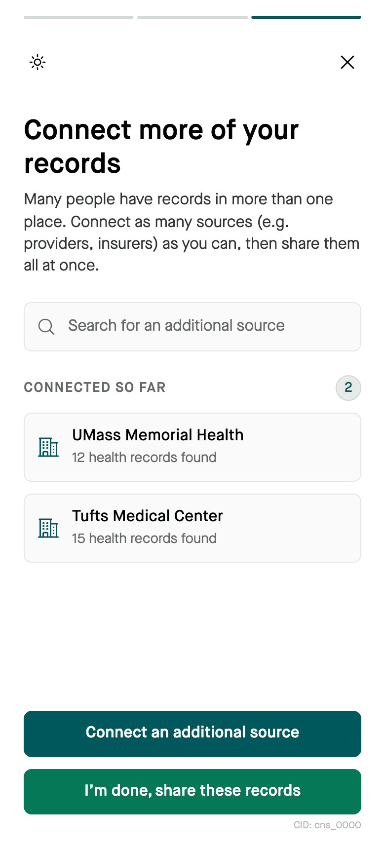 Connect more of your records screen listing facilities and their record counts