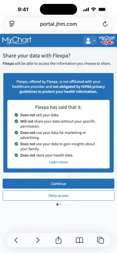 MyChart screen asking to share data with Flexpa