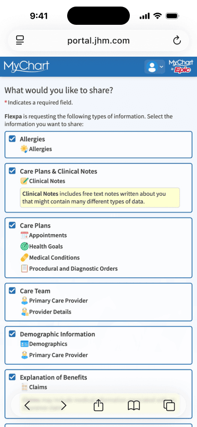 MyChart data selection screen listing health data categories
