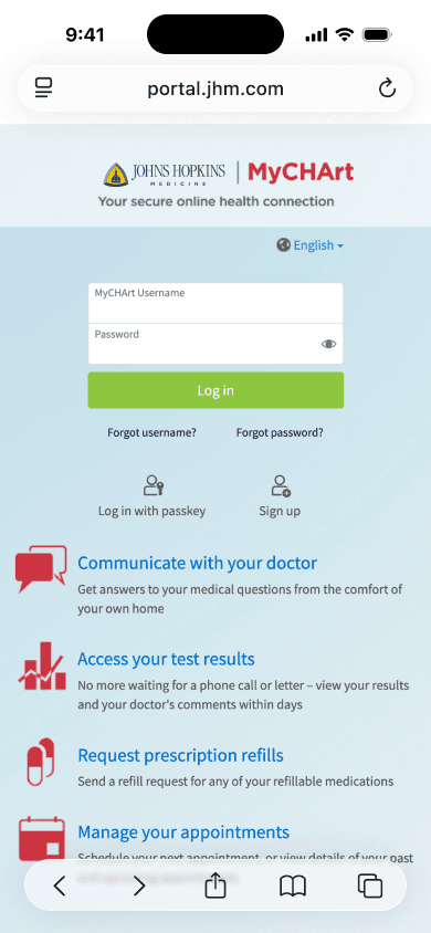 MyChart login screen showing username and password fields
