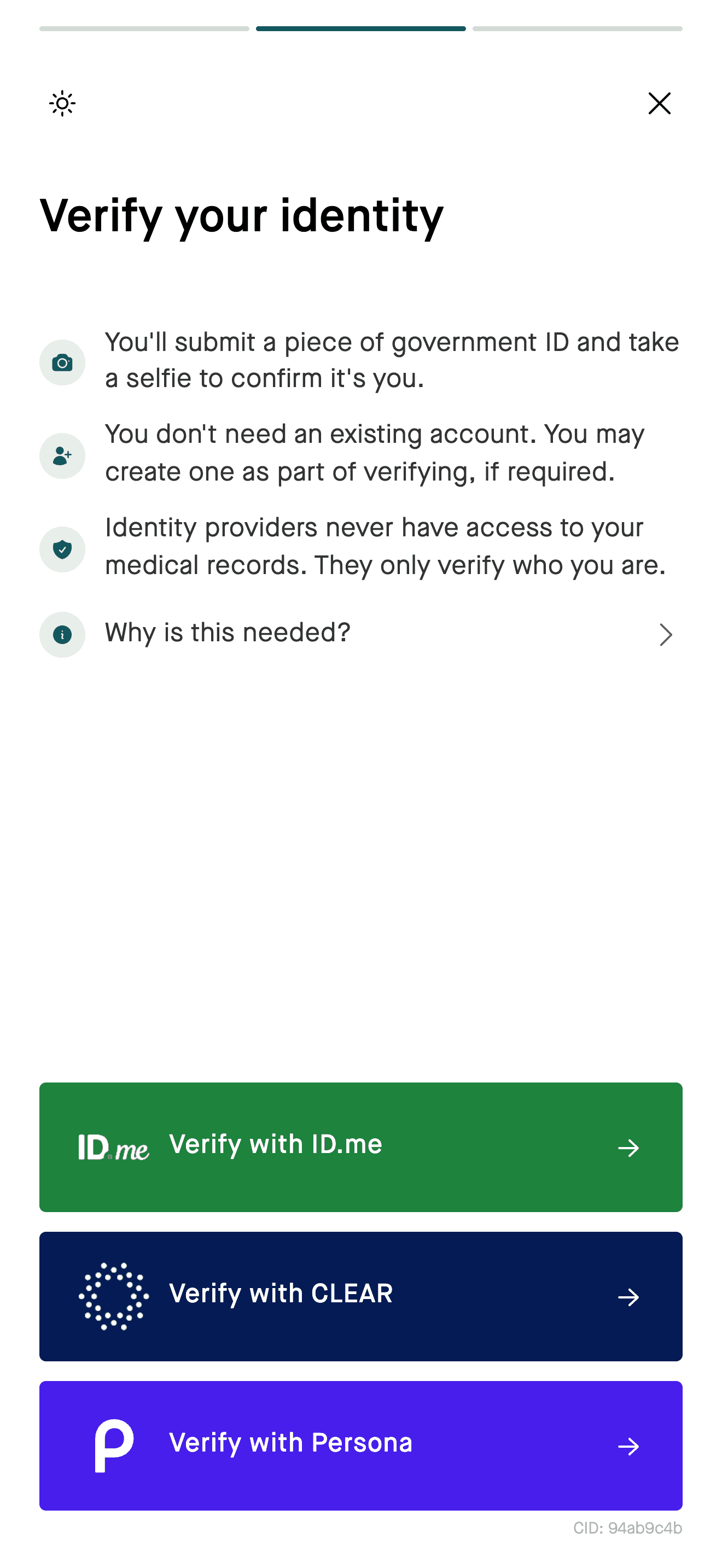 Identity verification screen showing CLEAR, ID.me, and Persona options
