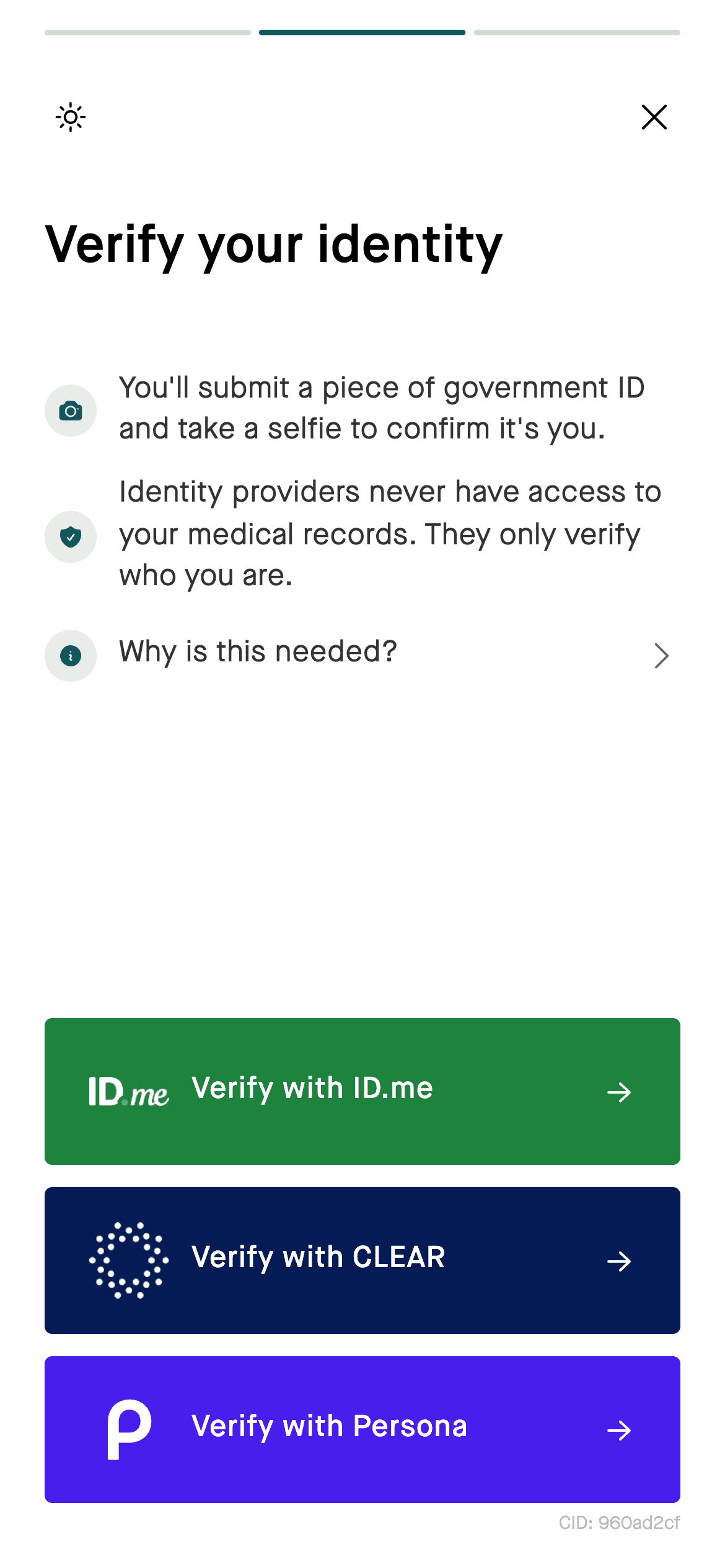 Identity verification screen showing CLEAR, ID.me, and Persona options
