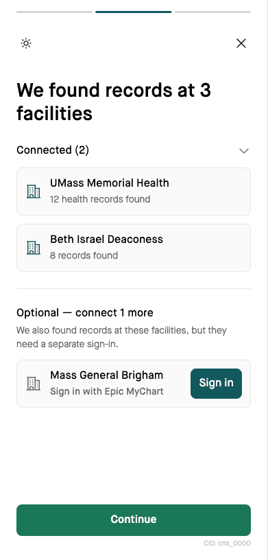 Results screen showing some facilities requiring sign-in and others connected automatically