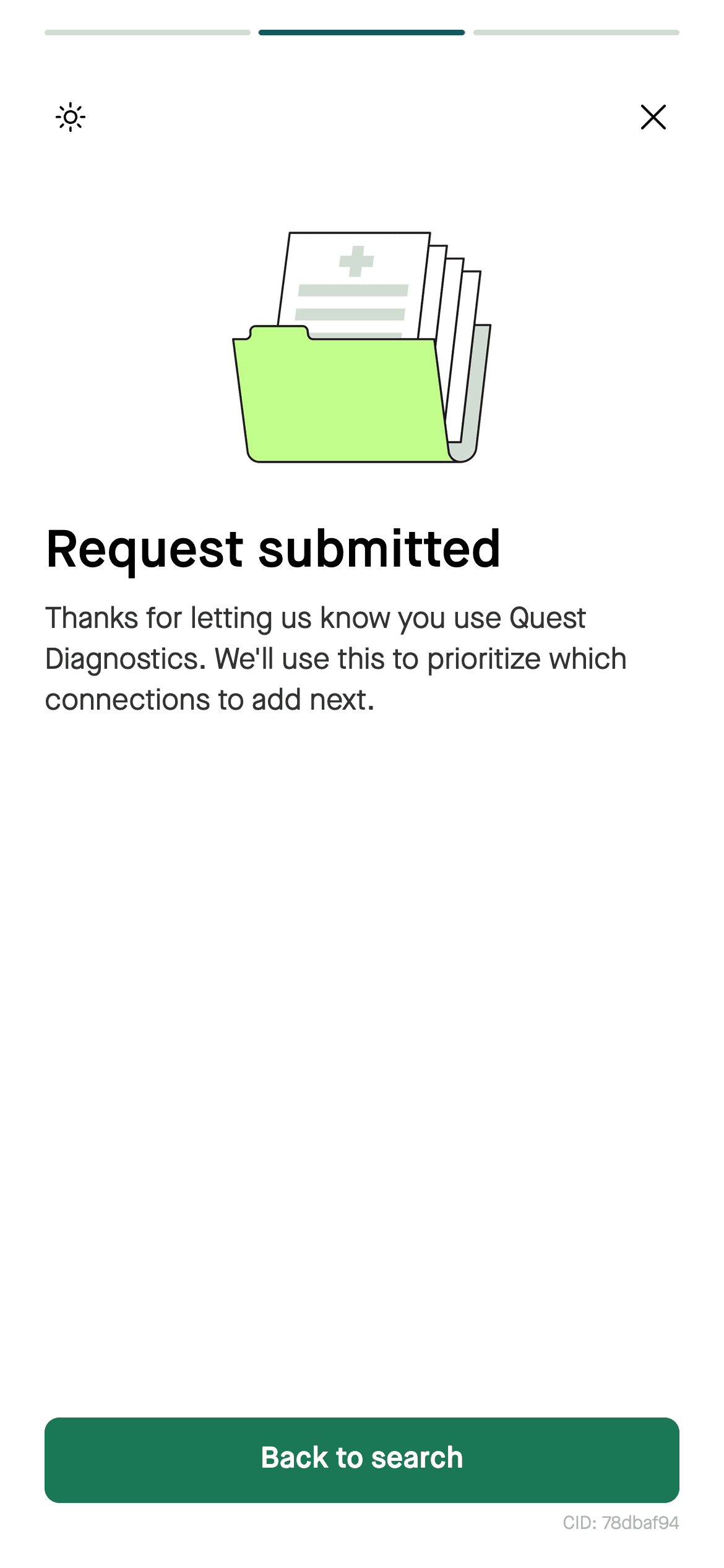 Request submitted confirmation screen