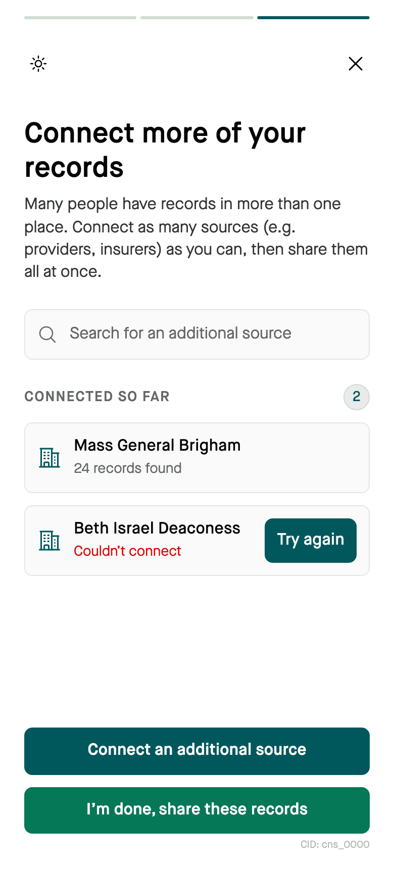Connect more of your records screen with one source showing a connection error