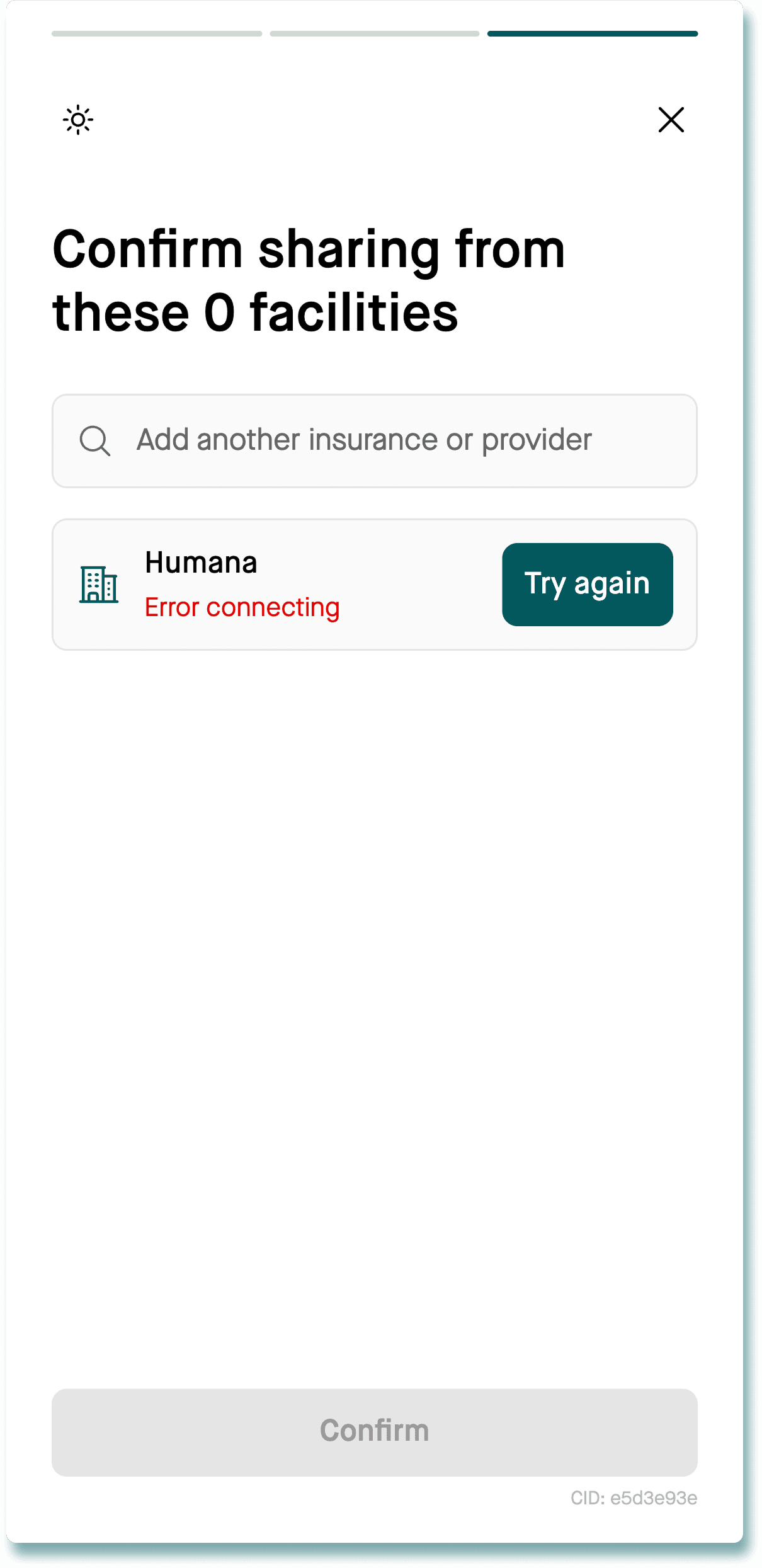 Review screen showing a connection error