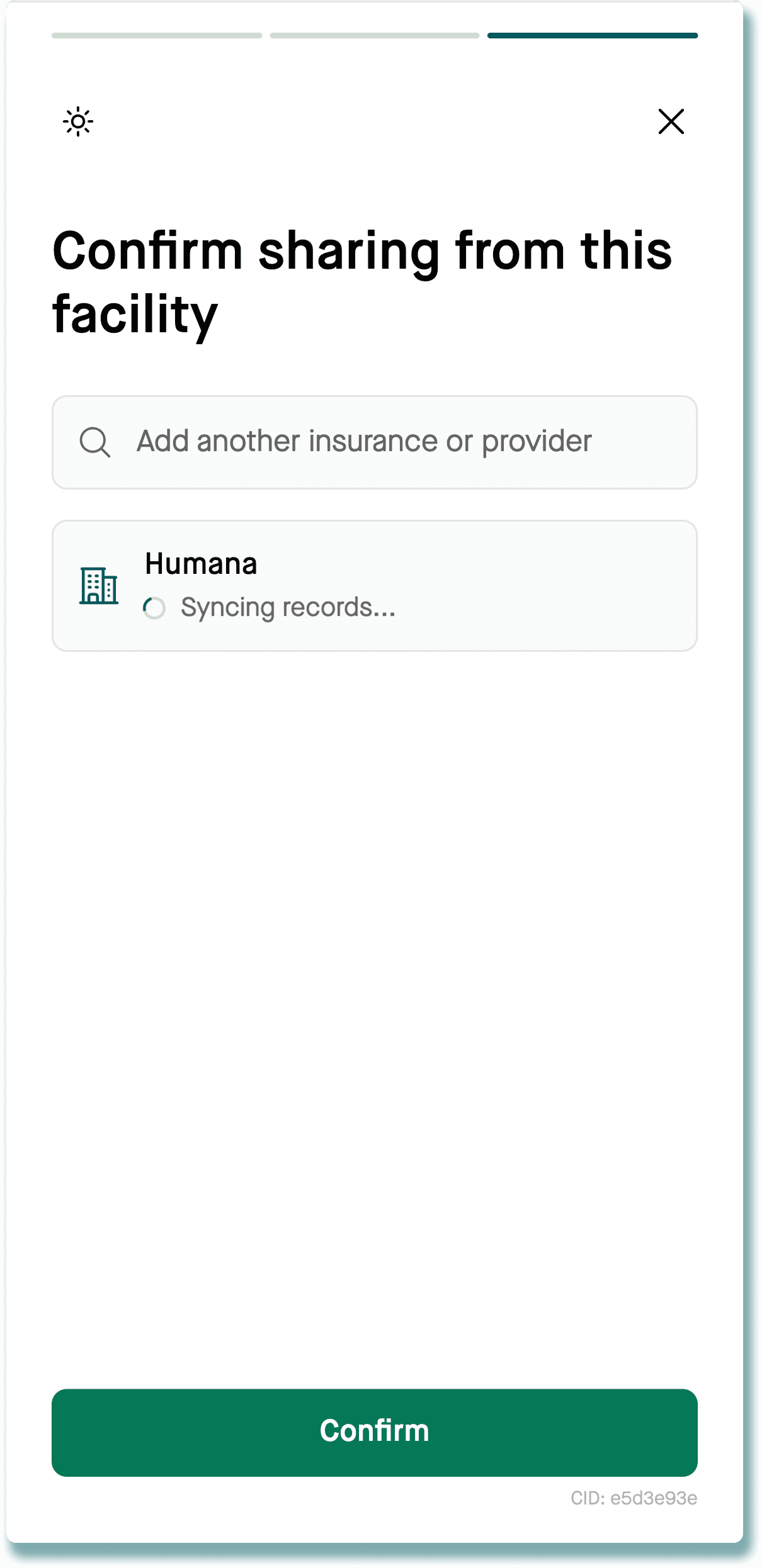 Review screen showing a facility syncing records
