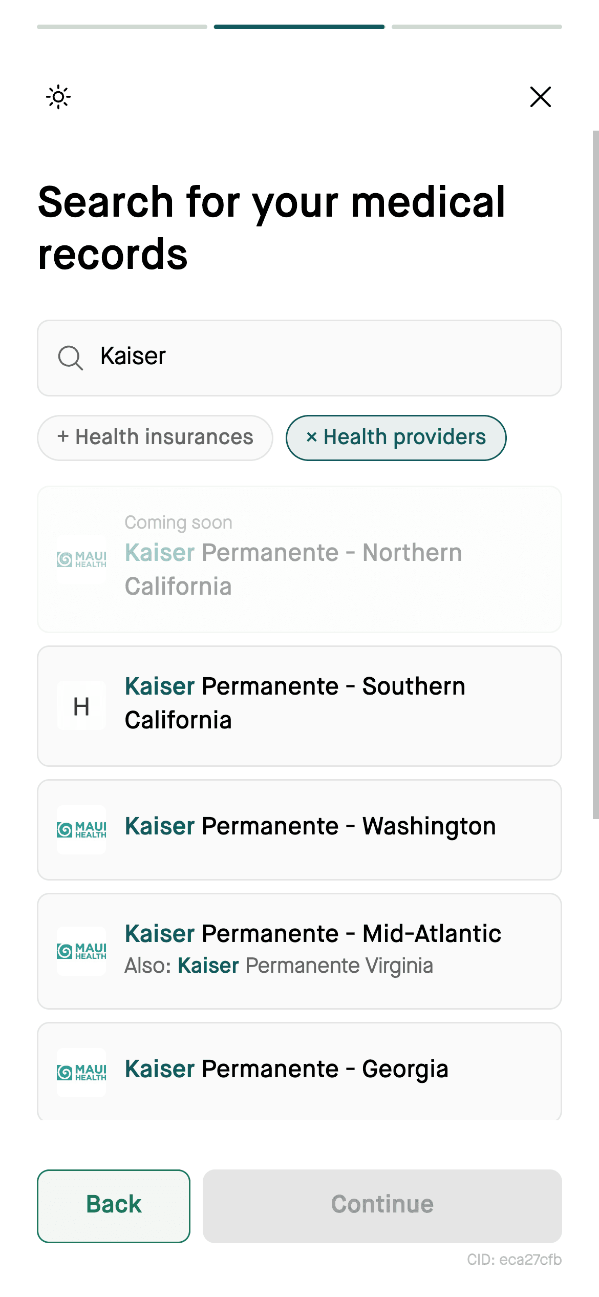 Flexpa search screen showing a greyed-out plan labelled Coming soon