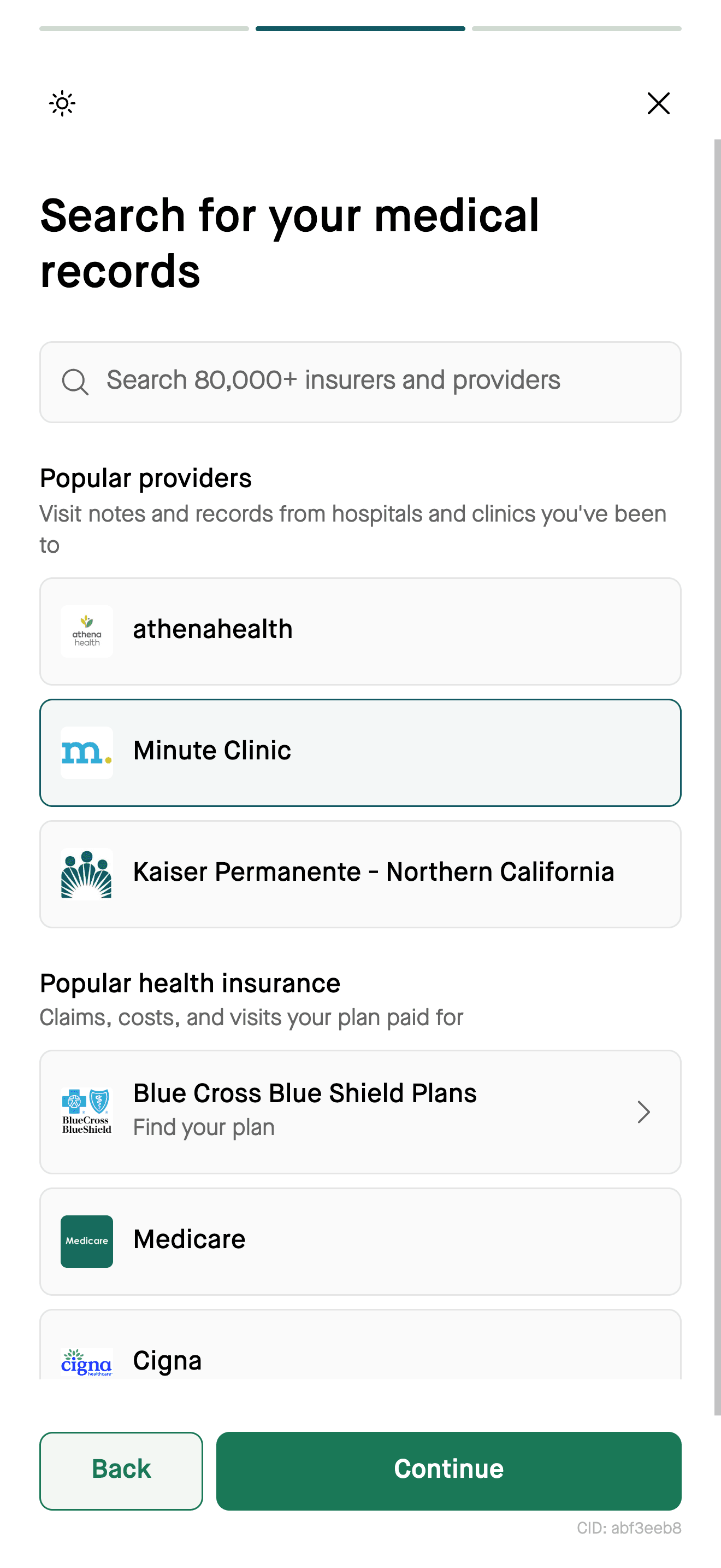 Search screen showing the popular providers and popular health insurance lists