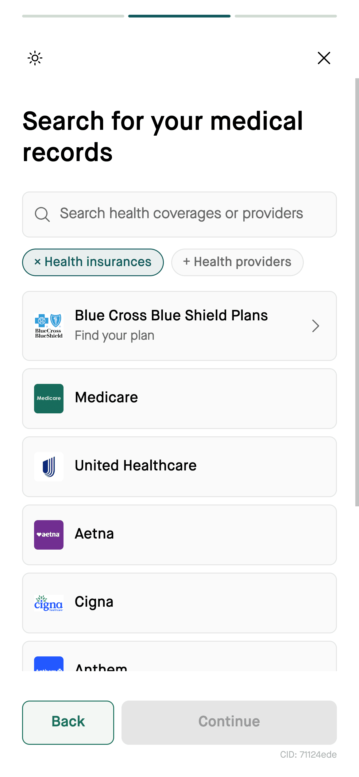Flexpa search screen with health insurances filter