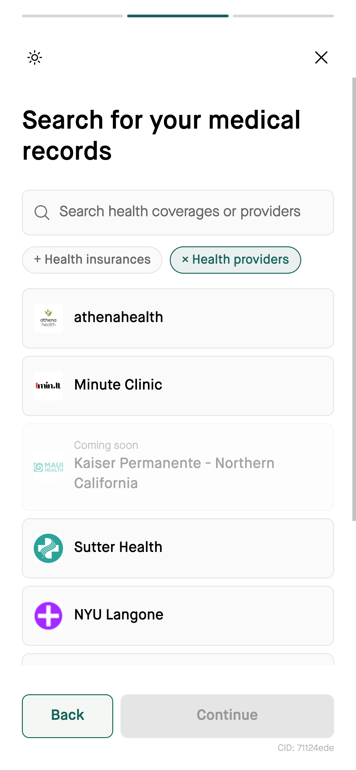 Flexpa search screen with health providers filter