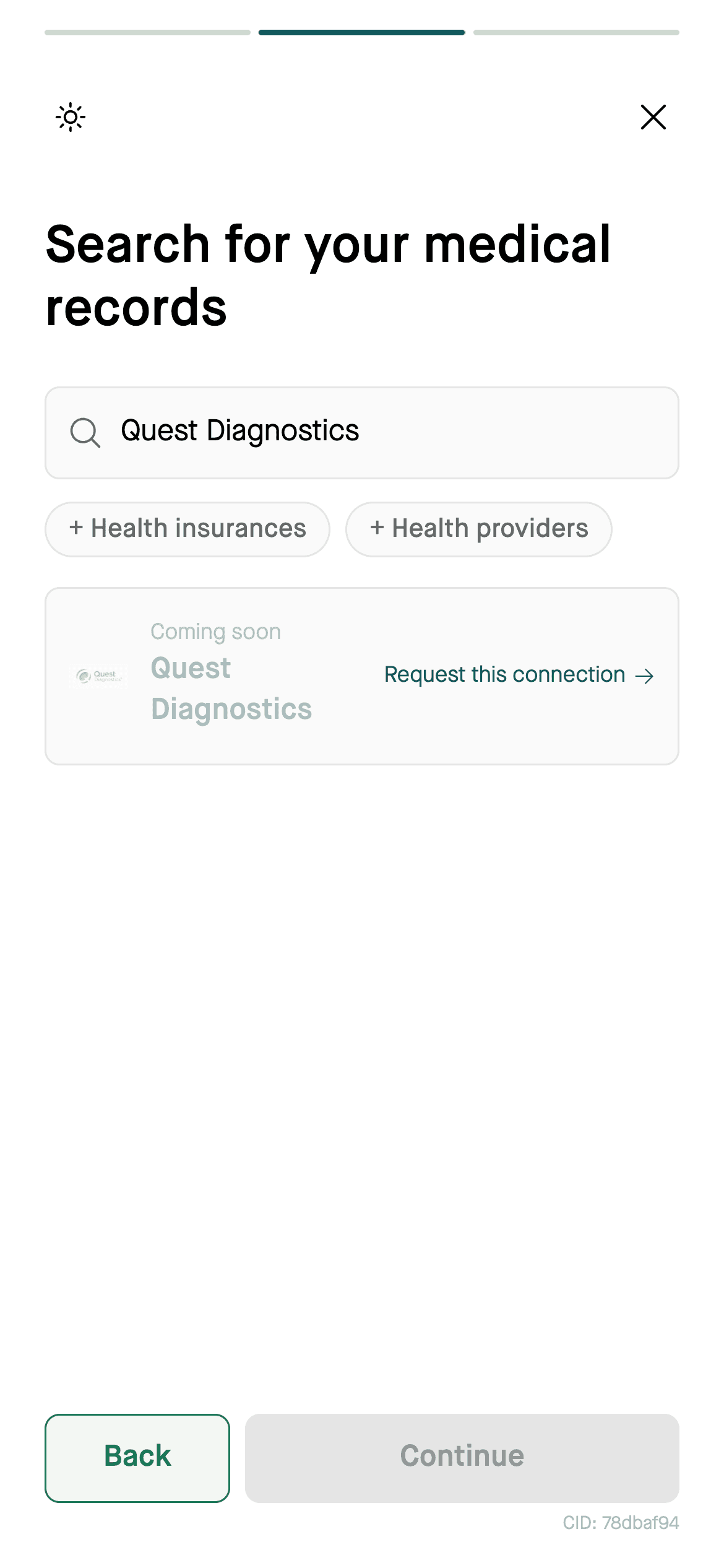 Flexpa search screen showing Quest Diagnostics as Coming soon with a Request this connection link