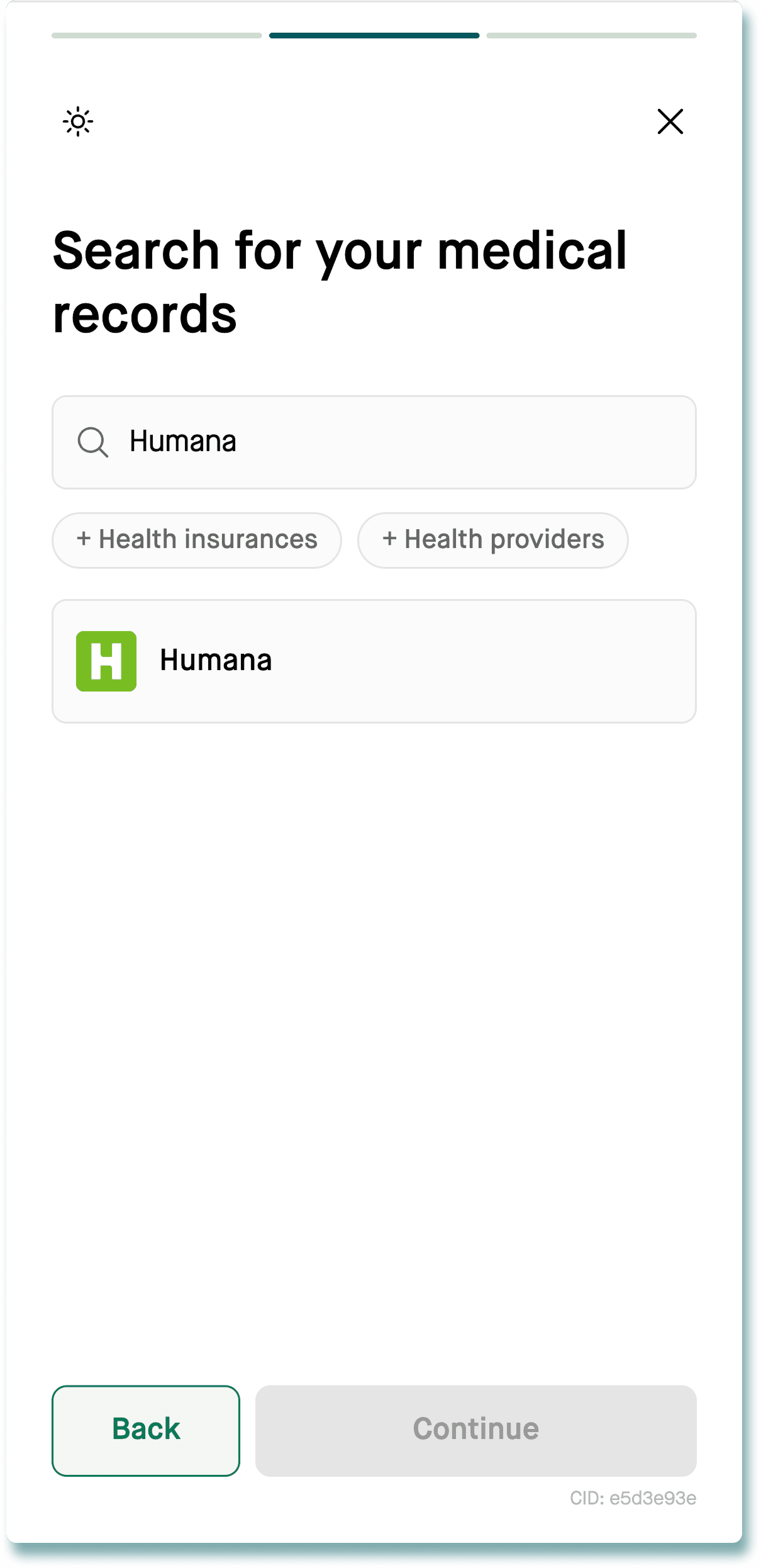 Flexpa search screen with a health plan typed