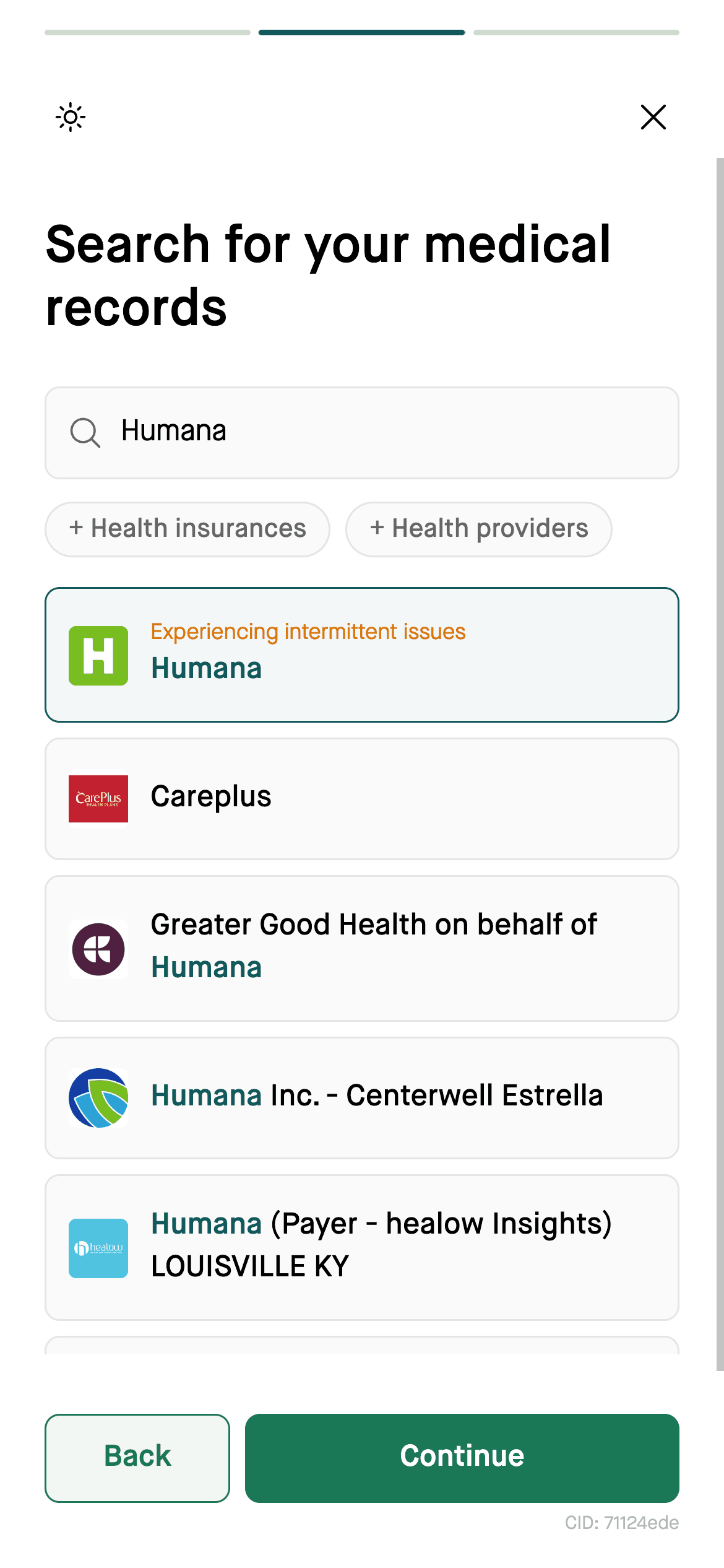 Flexpa search screen showing a plan with intermittent issues