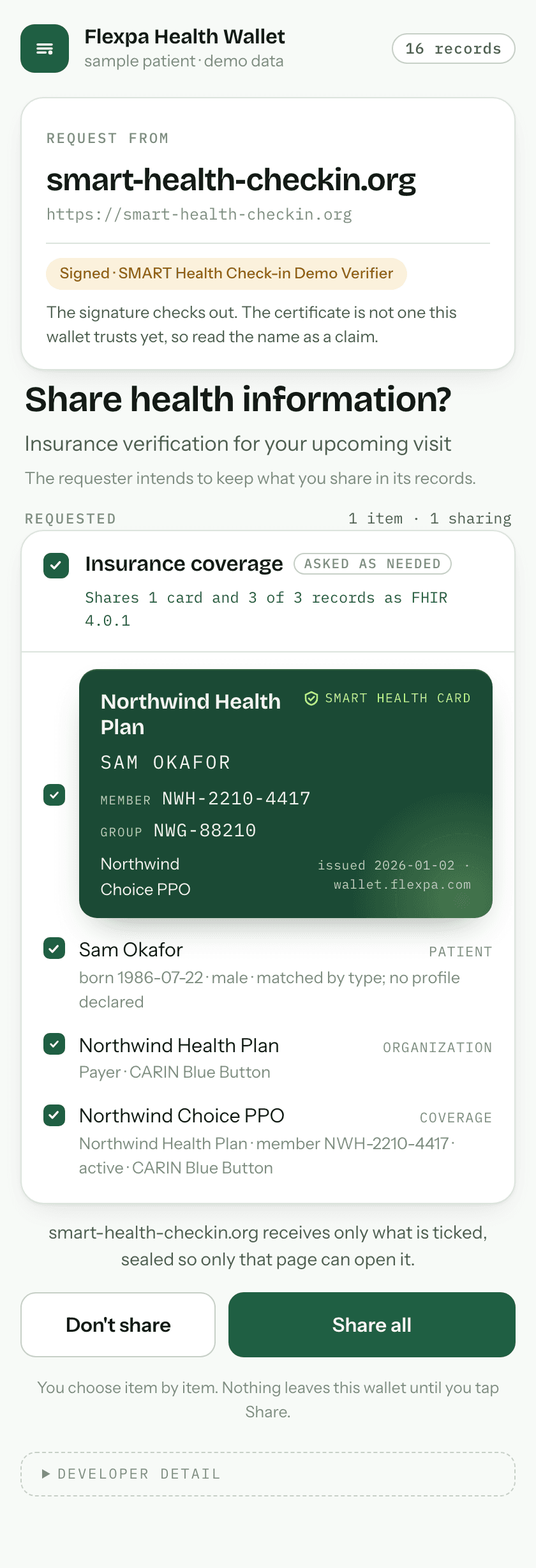 The Flexpa test wallet's consent screen, showing a request from smart-health-checkin.org for an insurance card
