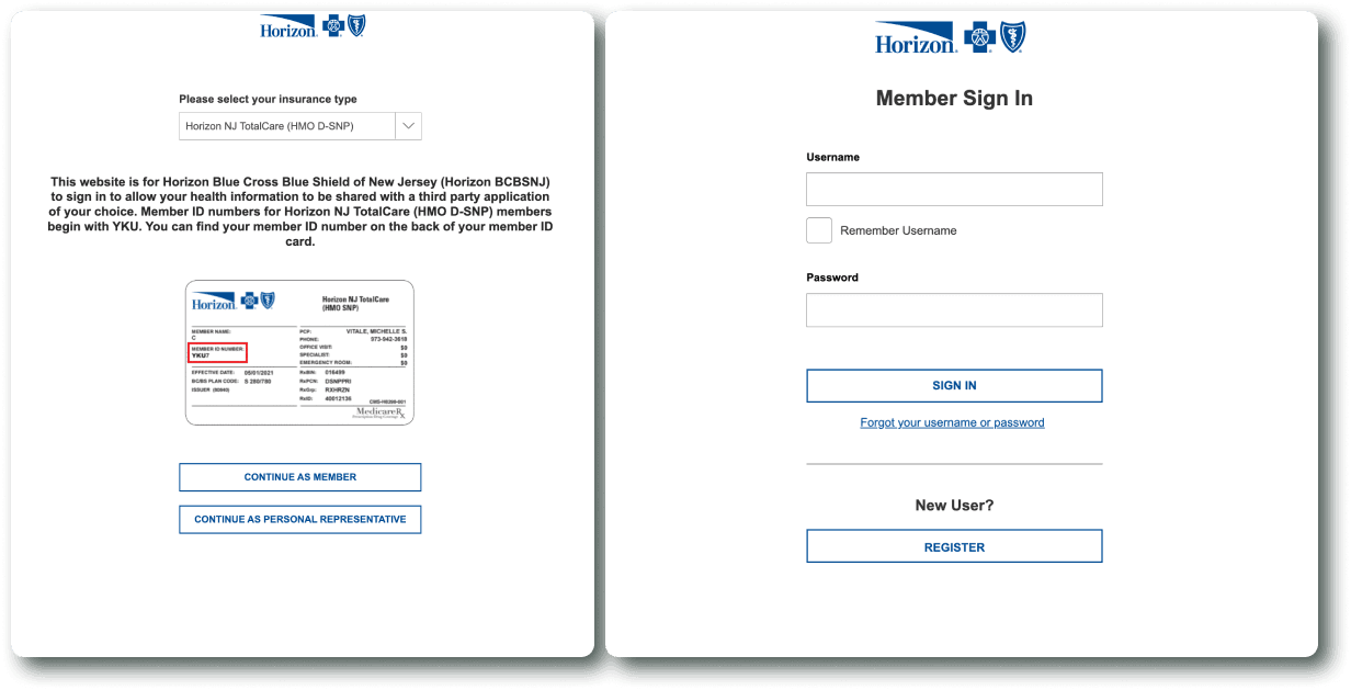 Flexpa Link Horizon login modal (HMO D-SNP)