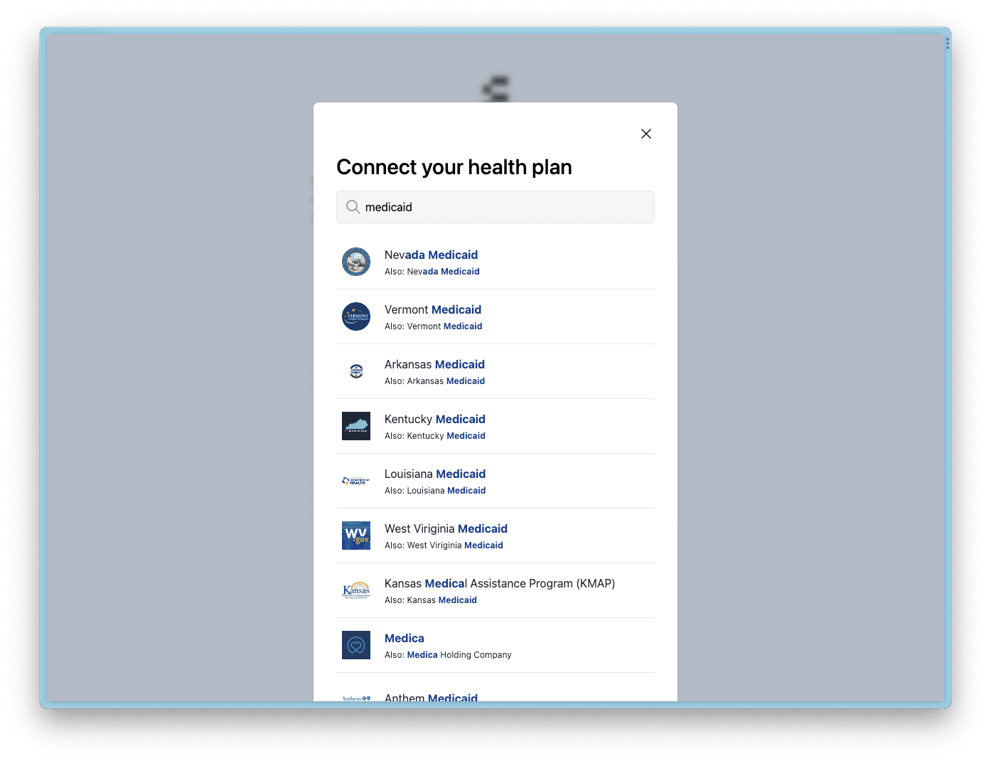 Flexpa Link health plan modal searching for Medicaid