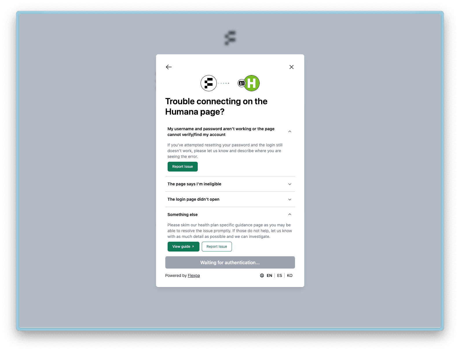 Flexpa Link health plan modal troubleshooting