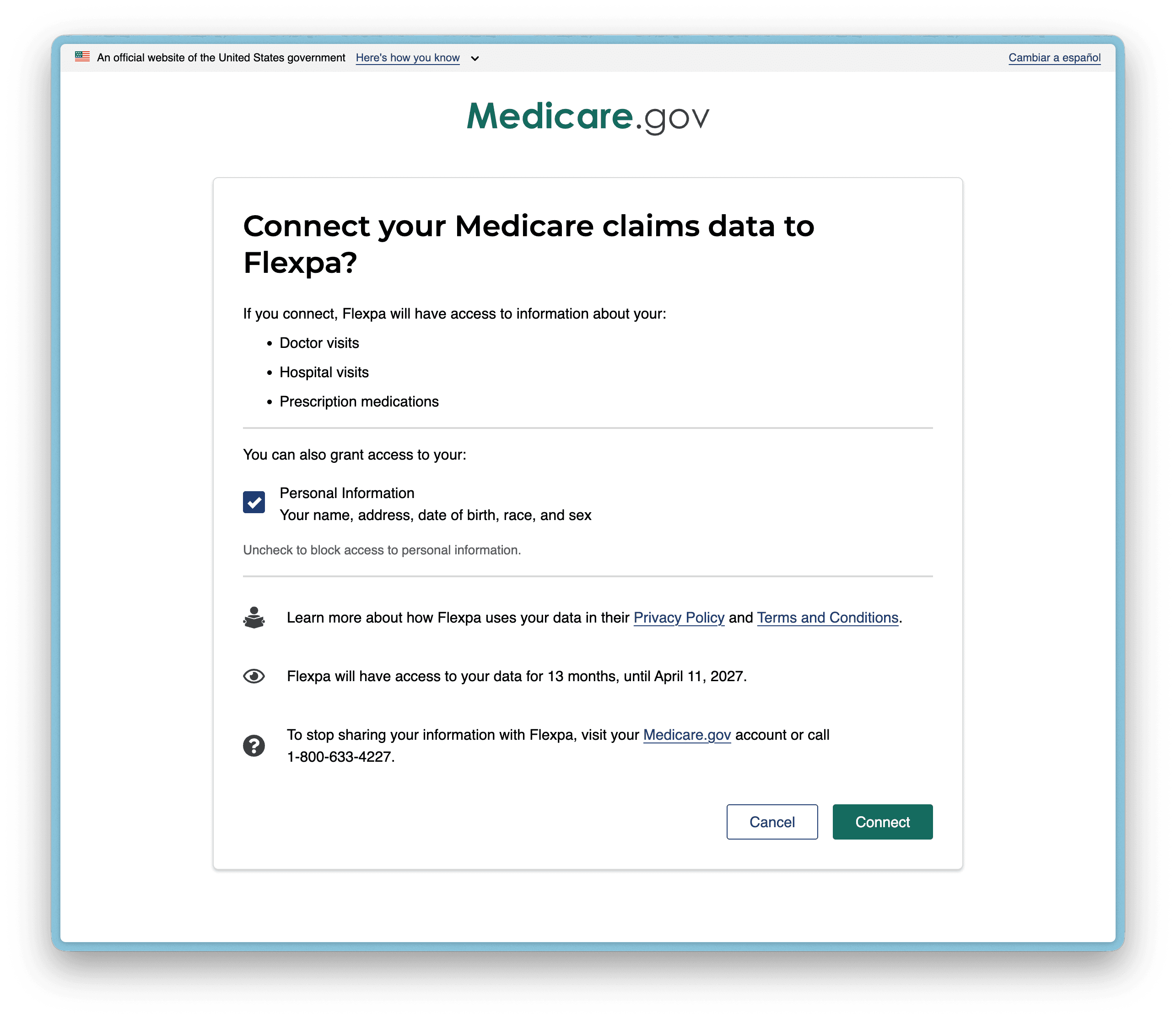 Medicare Flexpa consent authorization screen