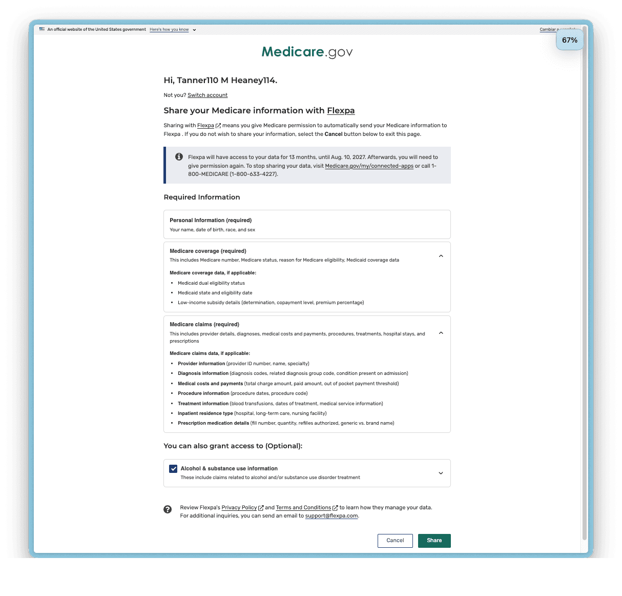Medicare Flexpa consent authorization screen