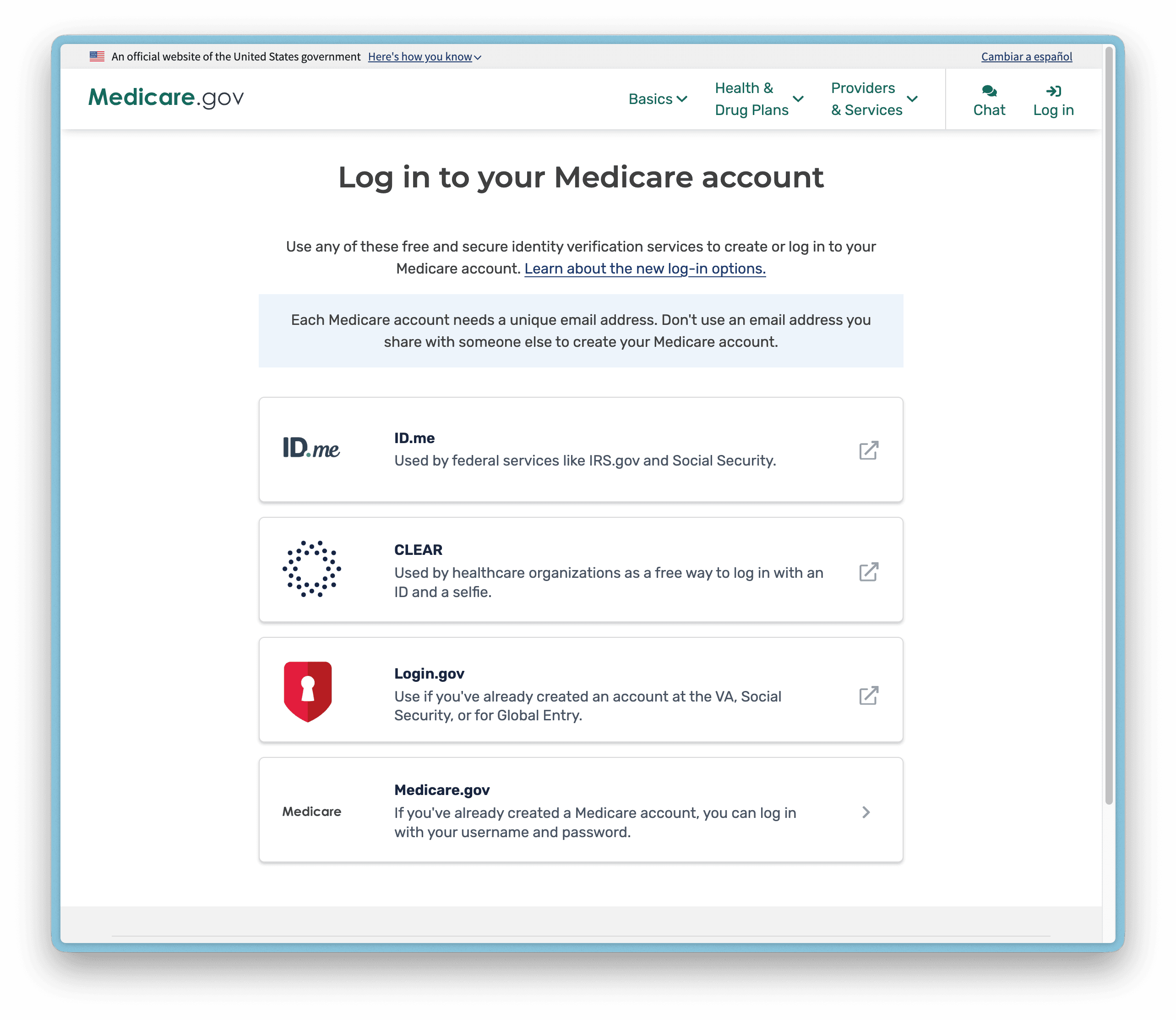 Medicare.gov login options showing ID.me, CLEAR, Login.gov, and Medicare.gov
