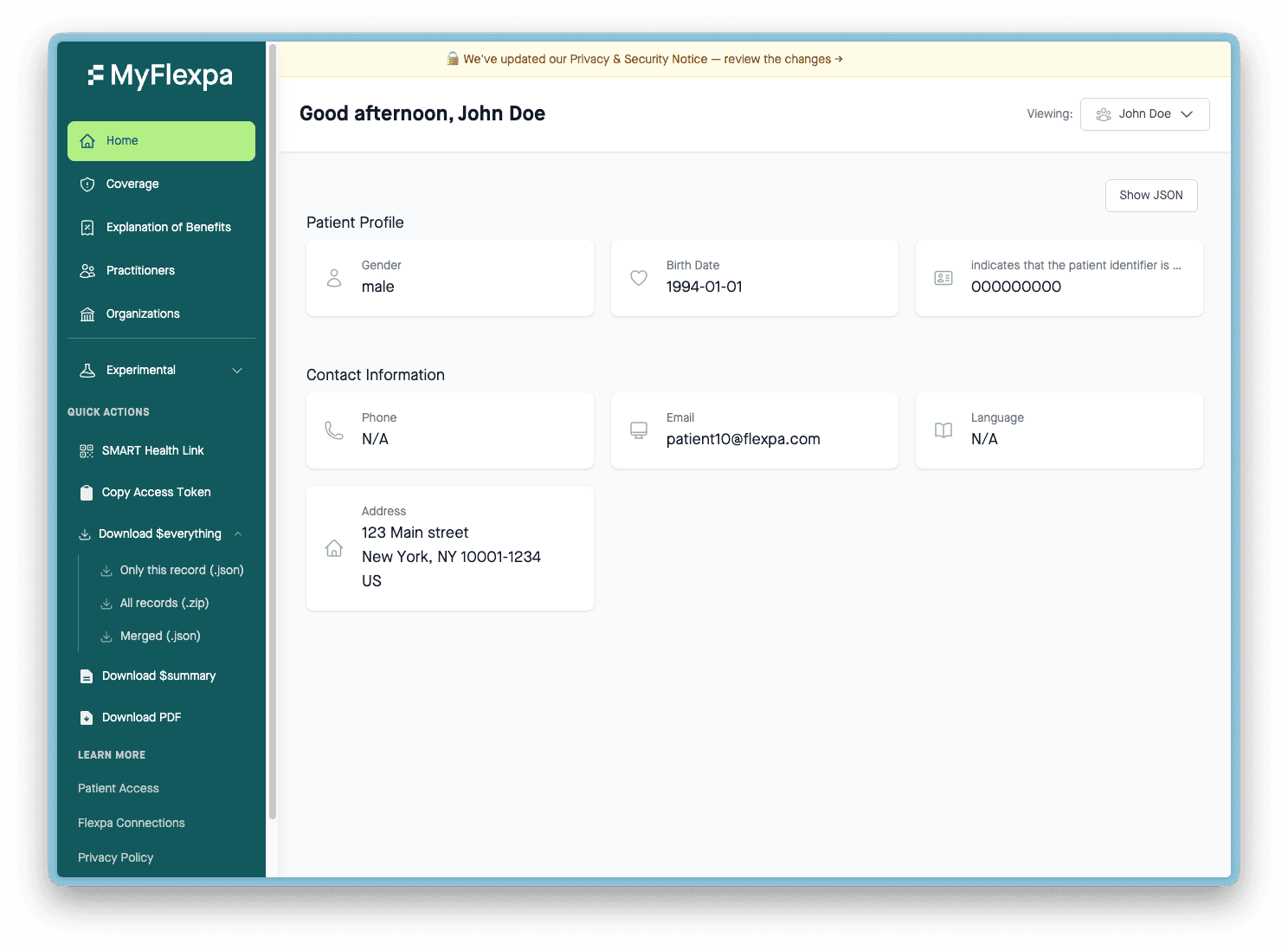 MyFlexpa patient dashboard