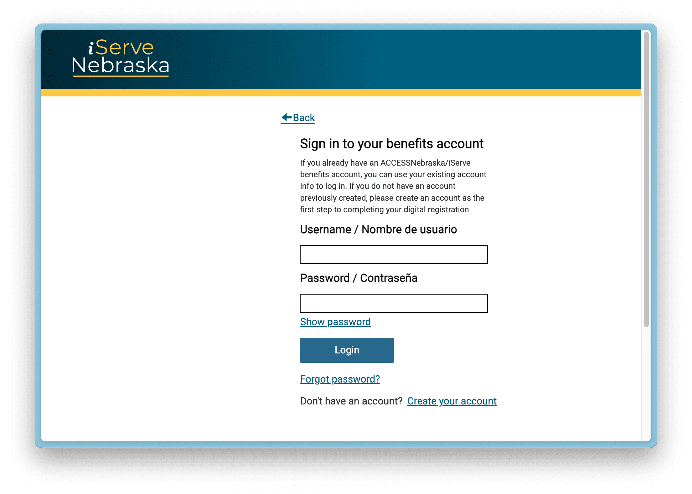 iServe Login Screen