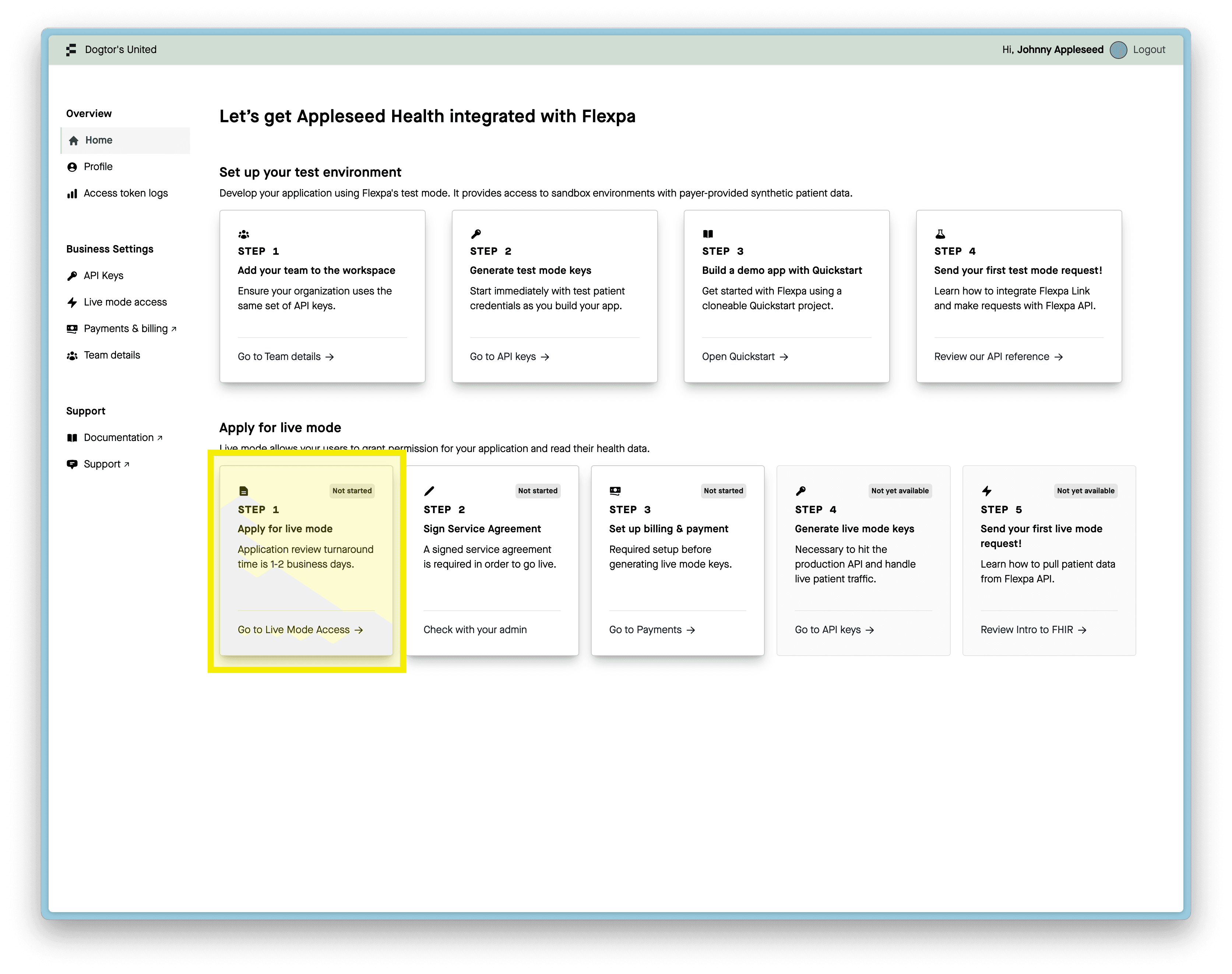 Flexpa Developer Portal - Apply for live mode