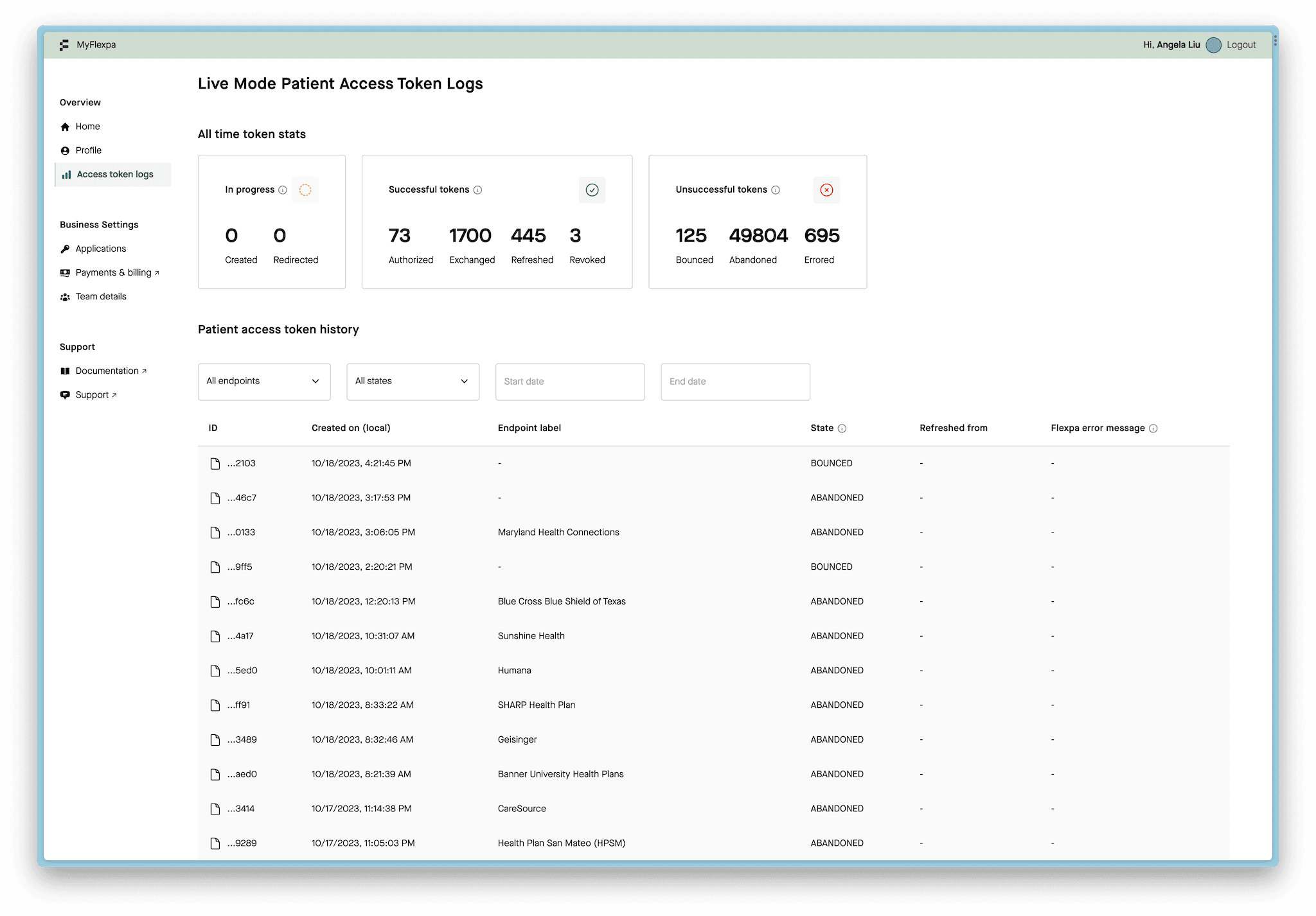 Flexpa Portal Patient Access Token logs