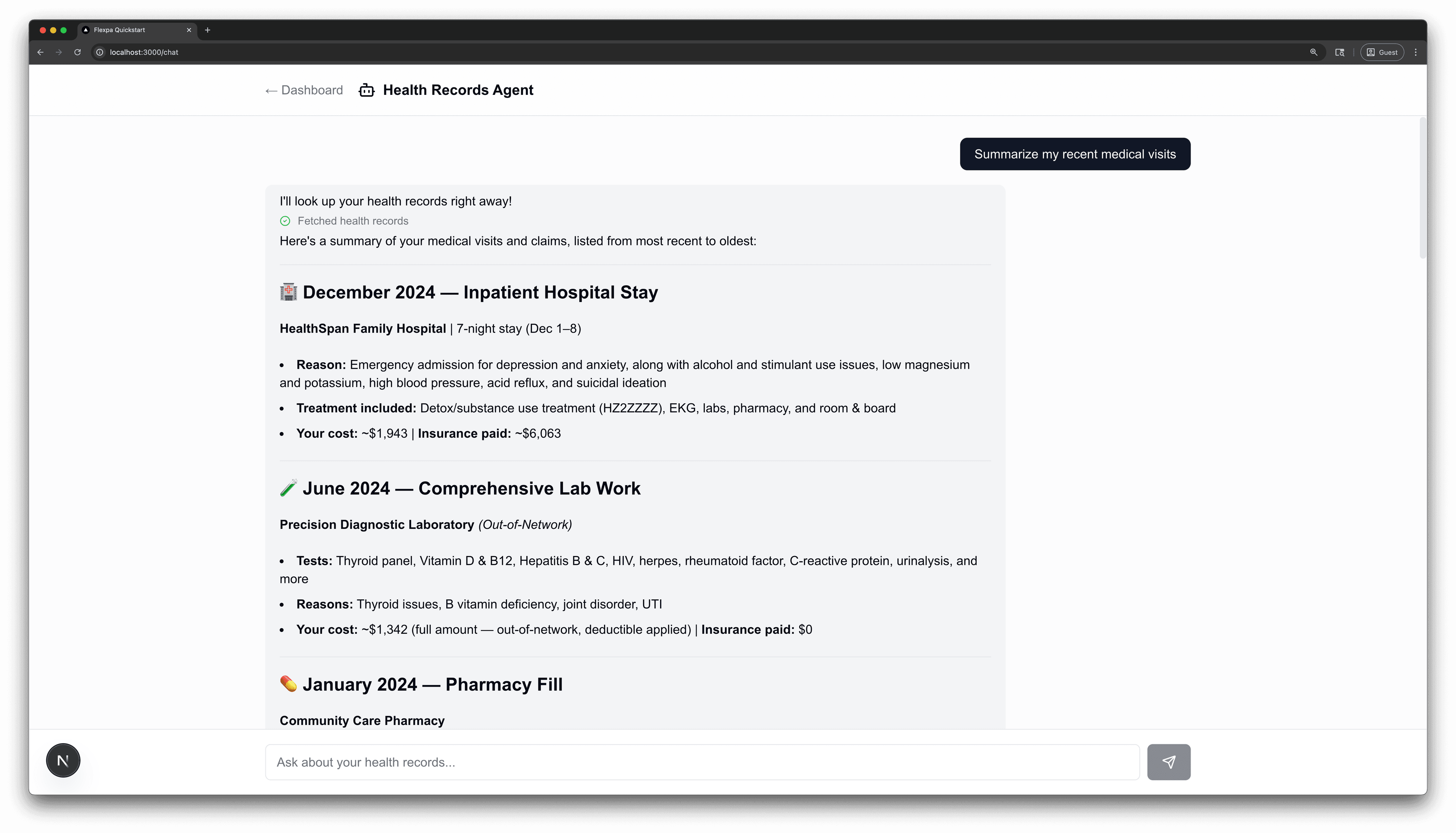 Health Records Agent chat interface