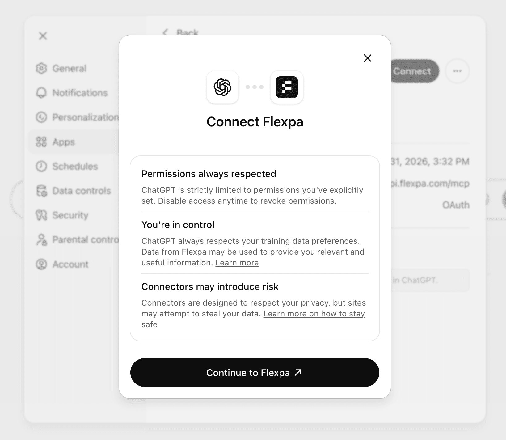 ChatGPT Flexpa connector authorization