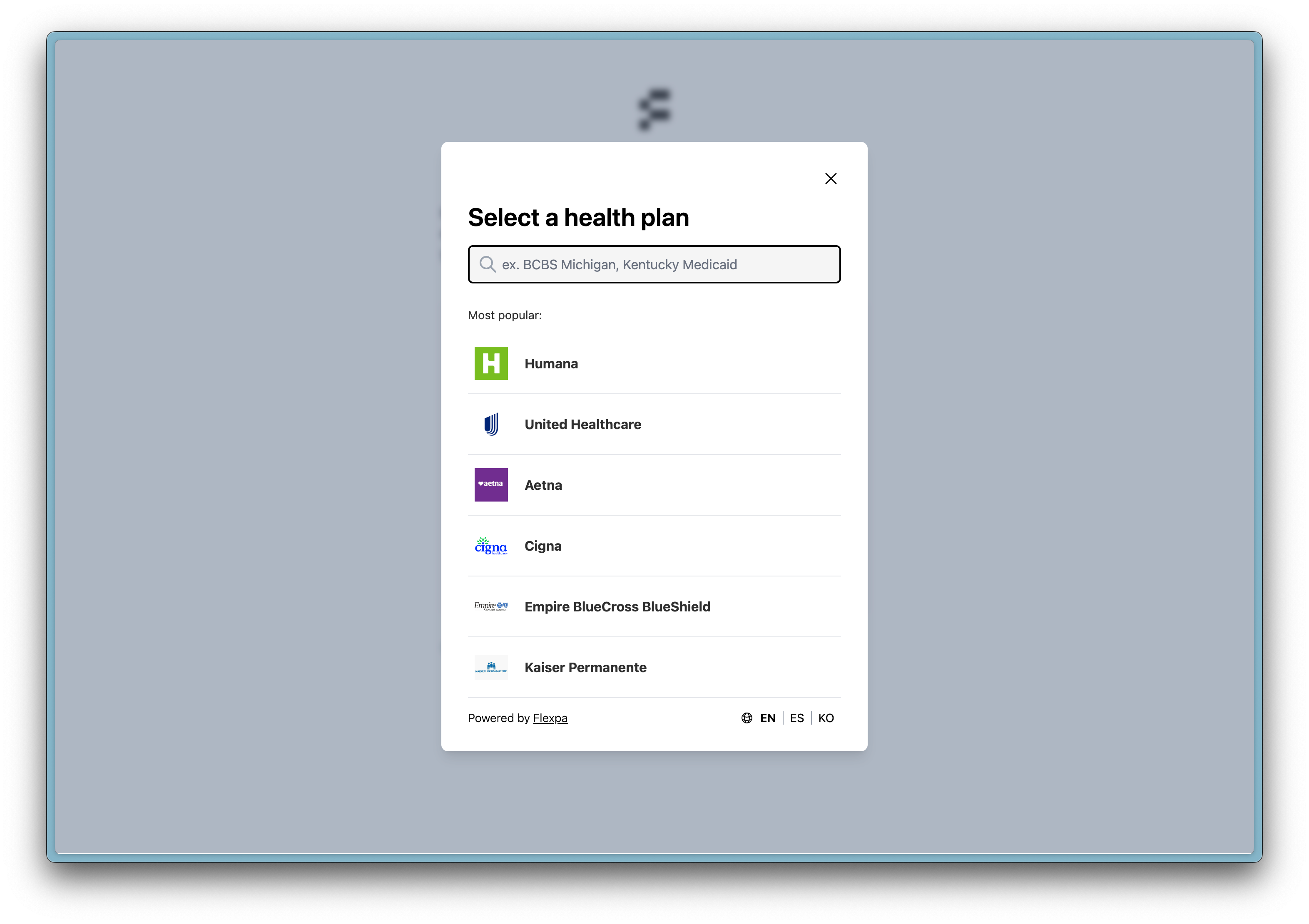 Flexpa Link health plan modal's payer search screen