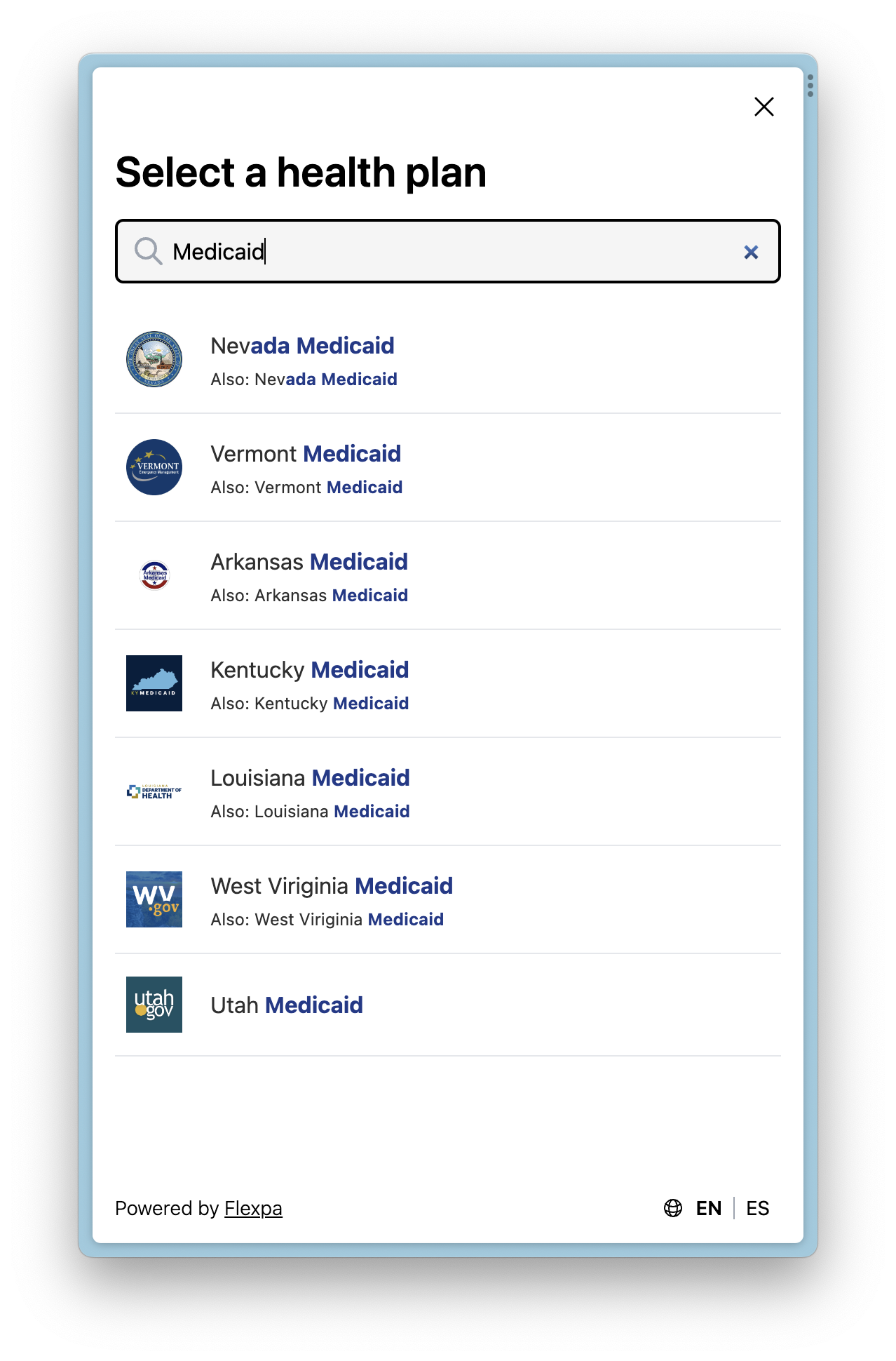Flexpa Link health plan modal searching for Medicaid