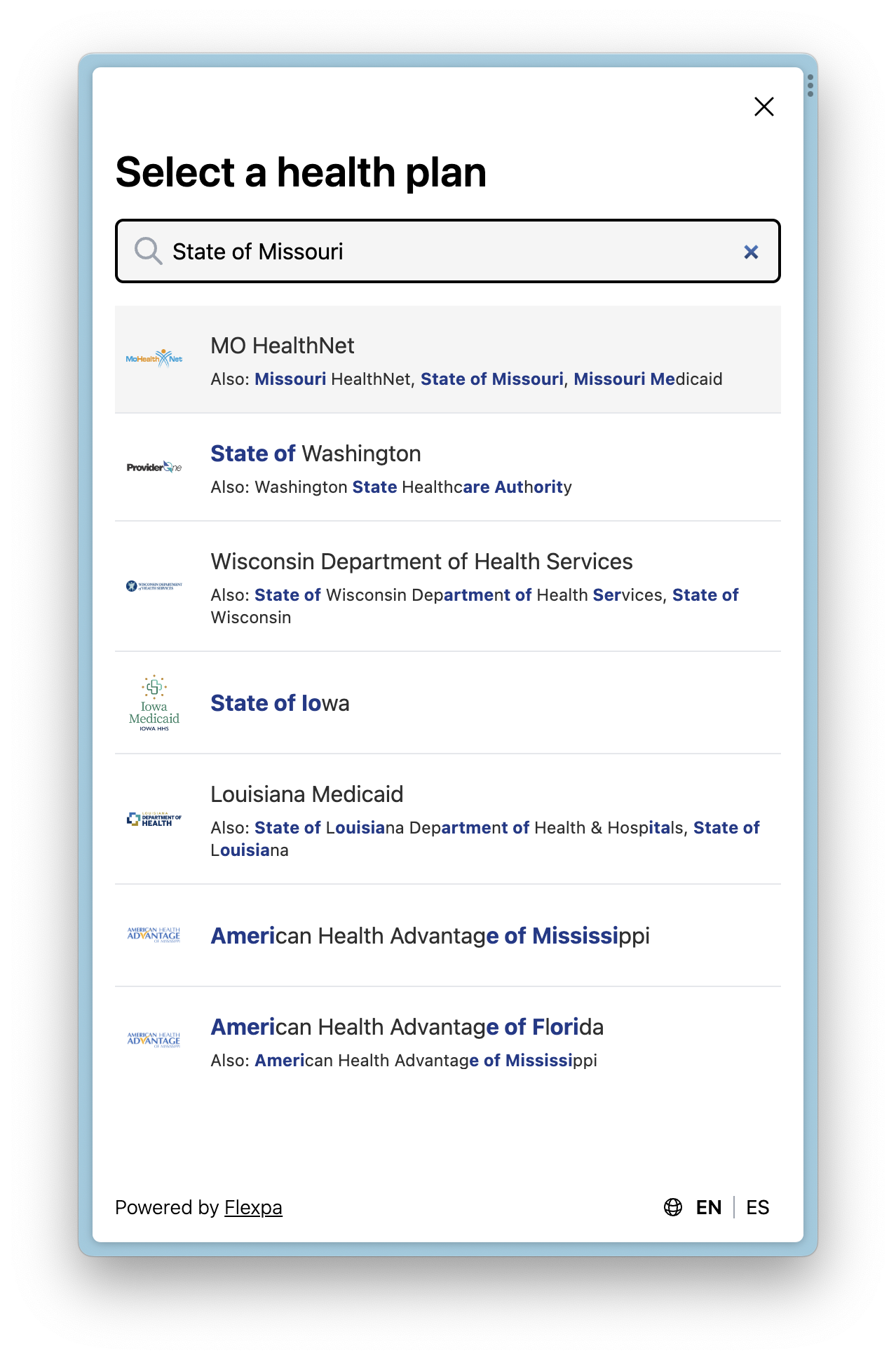 Flexpa Link health plan modal searching for Missouri Medicaid