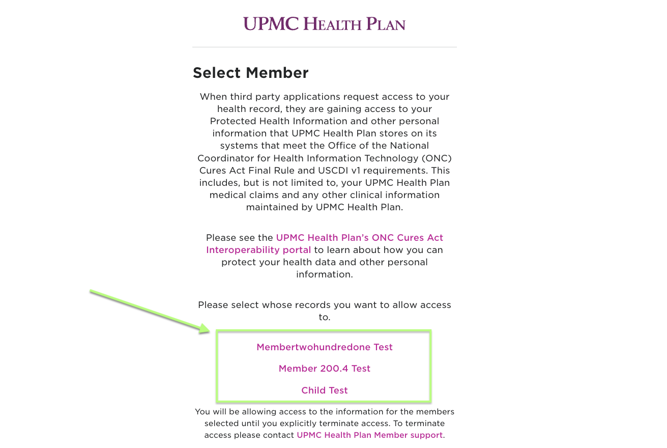 UPMC member selection screen