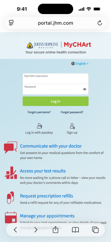 Patient portal login screen
