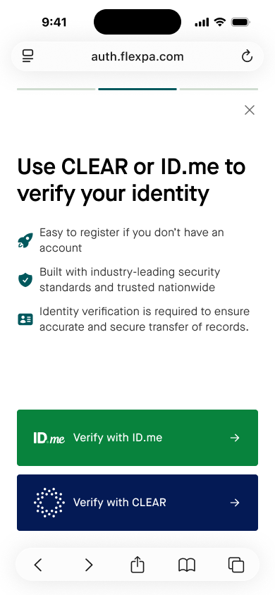 Identity verification screen showing CLEAR and ID.me options
