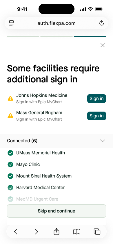 Results showing connected facilities and those requiring additional sign-in