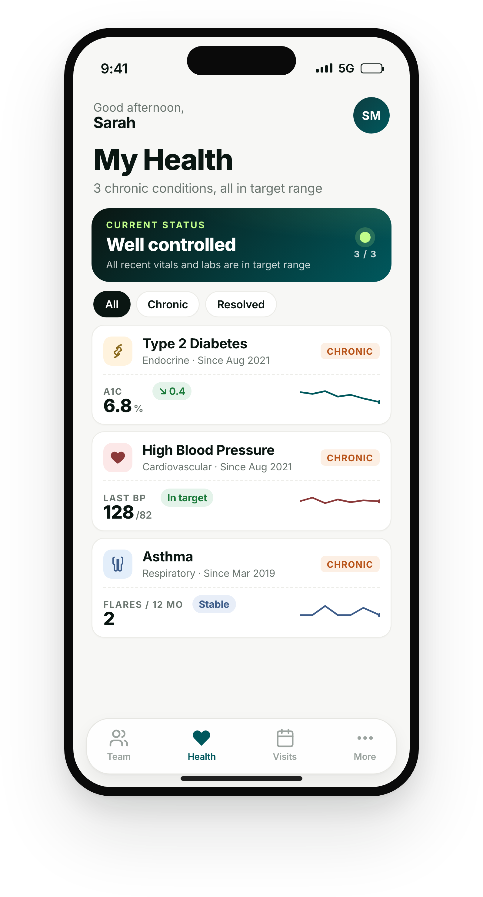 Health app showing conditions automatically classified by chronicity and body system powered by Flexpa